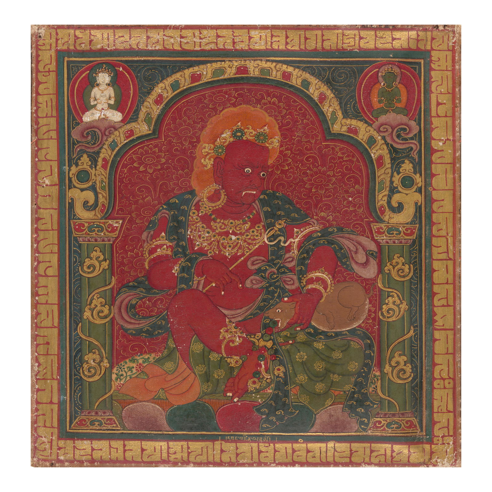 A THANGKA OF YAKSHA WANGDZIN TIBET, 15TH CENTURY: A THANGKA OF YAKSHA WANGDZIN TIBET, 15TH CENTURY Distemper and gold on cloth; recto with a Tibetan inscription in the bottom blue border, translated, 'Homage to Ishvara Dhara [Wang Dzin]!', and surrou