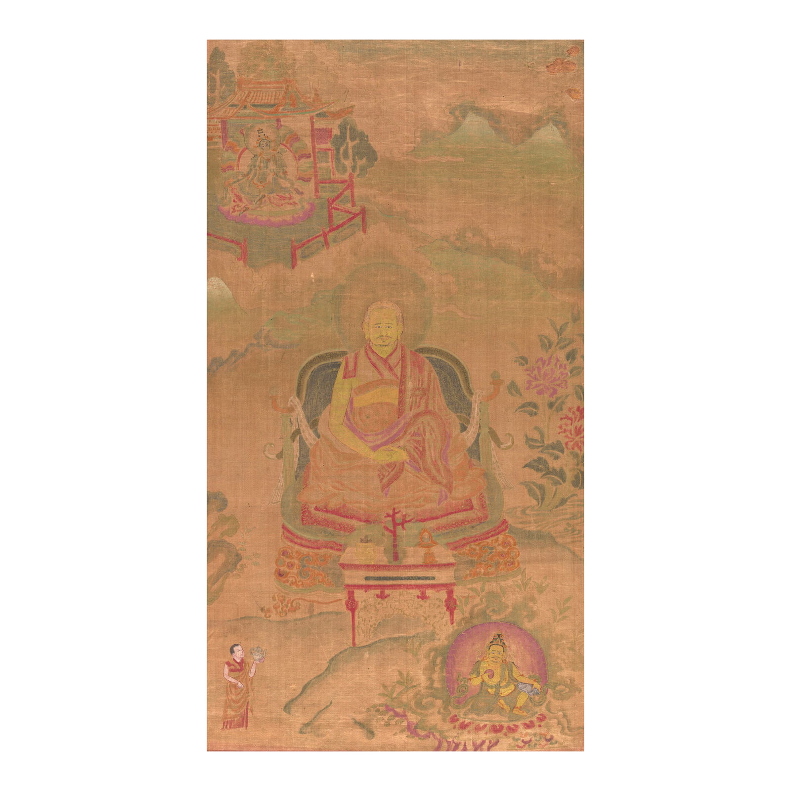 A SILK THANGKA OF CHOJE NAMSA DRAGPUGPA TIBET, 16TH CENTURY: A SILK THANGKA OF CHOJE NAMSA DRAGPUGPA TIBET, 16TH CENTURY Distemper and gold on silk; recto with a gold Tibetan inscription identifying the primary subject; verso inscribed in gold with Tibetan 'om