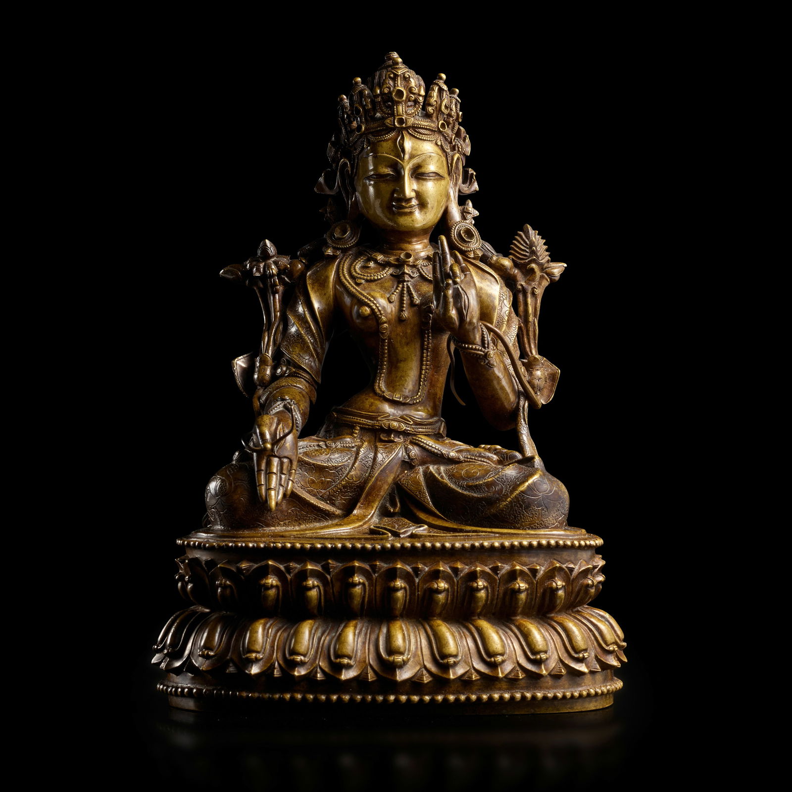 A COPPER ALLOY FIGURE OF TARA TIBET, 15TH CENTURY: A COPPER ALLOY FIGURE OF TARA TIBET, 15TH CENTURY Himalayan Art Resources item no. 2405 10 3/8 in. (26.3 cm) high Footnotes: 西藏 十五世紀 度母銅&