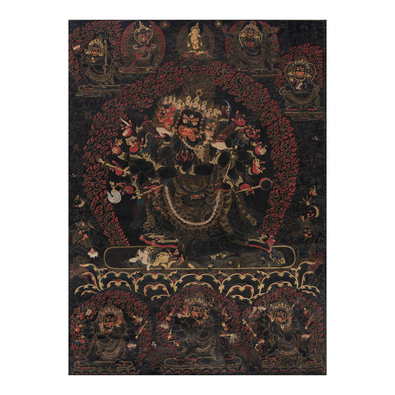 A BLACKGROUND THANGKA OF MAHAKALA TIBET 16TH/EARLY 17TH CENTURY: A BLACKGROUND THANGKA OF MAHAKALA TIBET 16TH/EARLY 17TH CENTURY Distemper and gold on cloth. Himalayan Art Resources item no. 35976 29 1/2 x 21 7/8 in. (75 x 55.4 cm) Footnotes: 西藏 