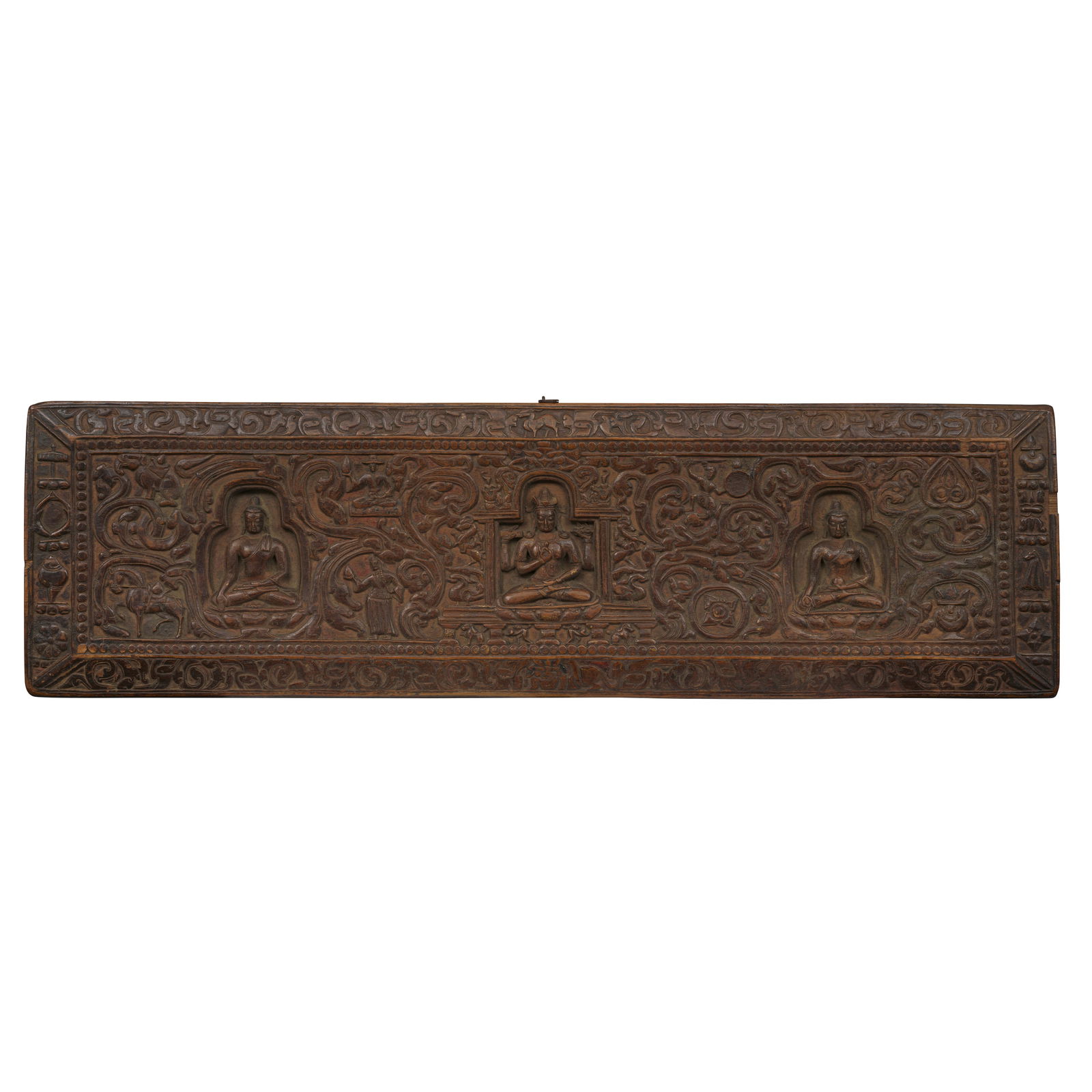 A CARVED AND PAINTED WOOD PRAJNAPARAMITA SUTRA COVER TIBET, 12TH/13TH CENTURY: A CARVED AND PAINTED WOOD PRAJNAPARAMITA SUTRA COVER TIBET, 12TH/13TH CENTURY The interior face lacquered and painted with gold and polychromy, and also inscribed with gold Tibetan script in between t