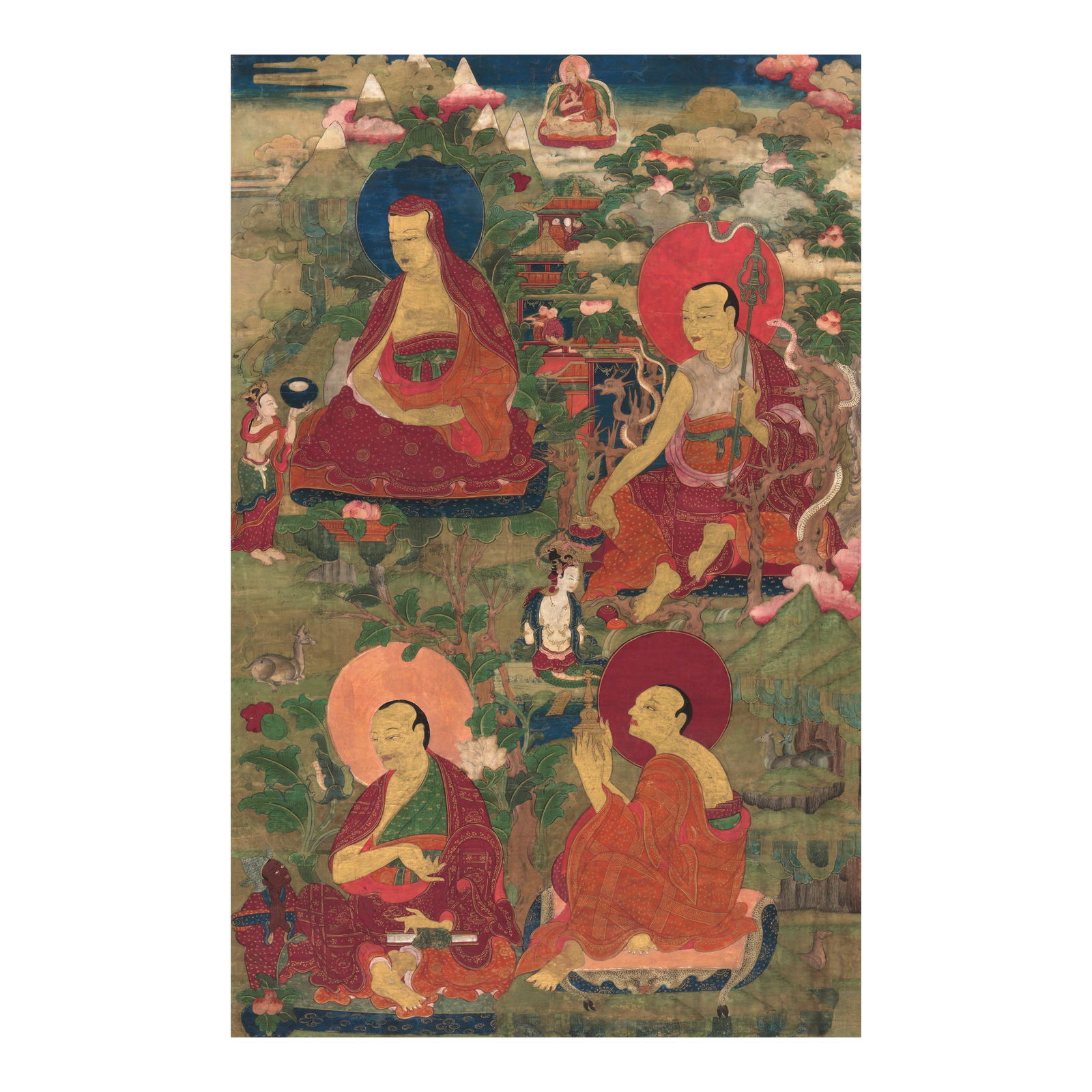 A THANGKA OF ARHATS CHUDAPANTAKA, NAGASENA, GOPAKA, AND ABHEDA TIBET, 18TH CENTURY: A THANGKA OF ARHATS CHUDAPANTAKA, NAGASENA, GOPAKA, AND ABHEDA TIBET, 18TH CENTURY Distemper and gold on cloth; recto with gold Tibetan inscriptions identifying each figure; verso inscribed in Tibetan