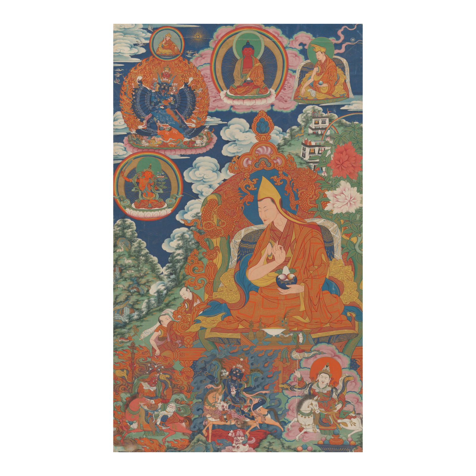 A THANGKA OF THE THIRD PANCHEN LAMA, LOBZANG PALDEN YESHE TIBET, 18TH CENTURY: A THANGKA OF THE THIRD PANCHEN LAMA, LOBZANG PALDEN YESHE TIBET, 18TH CENTURY Distemper and gold on cloth; verso inscribed with gold 'om, ah, hum' incantations behind each figure; recto with a gold Ti