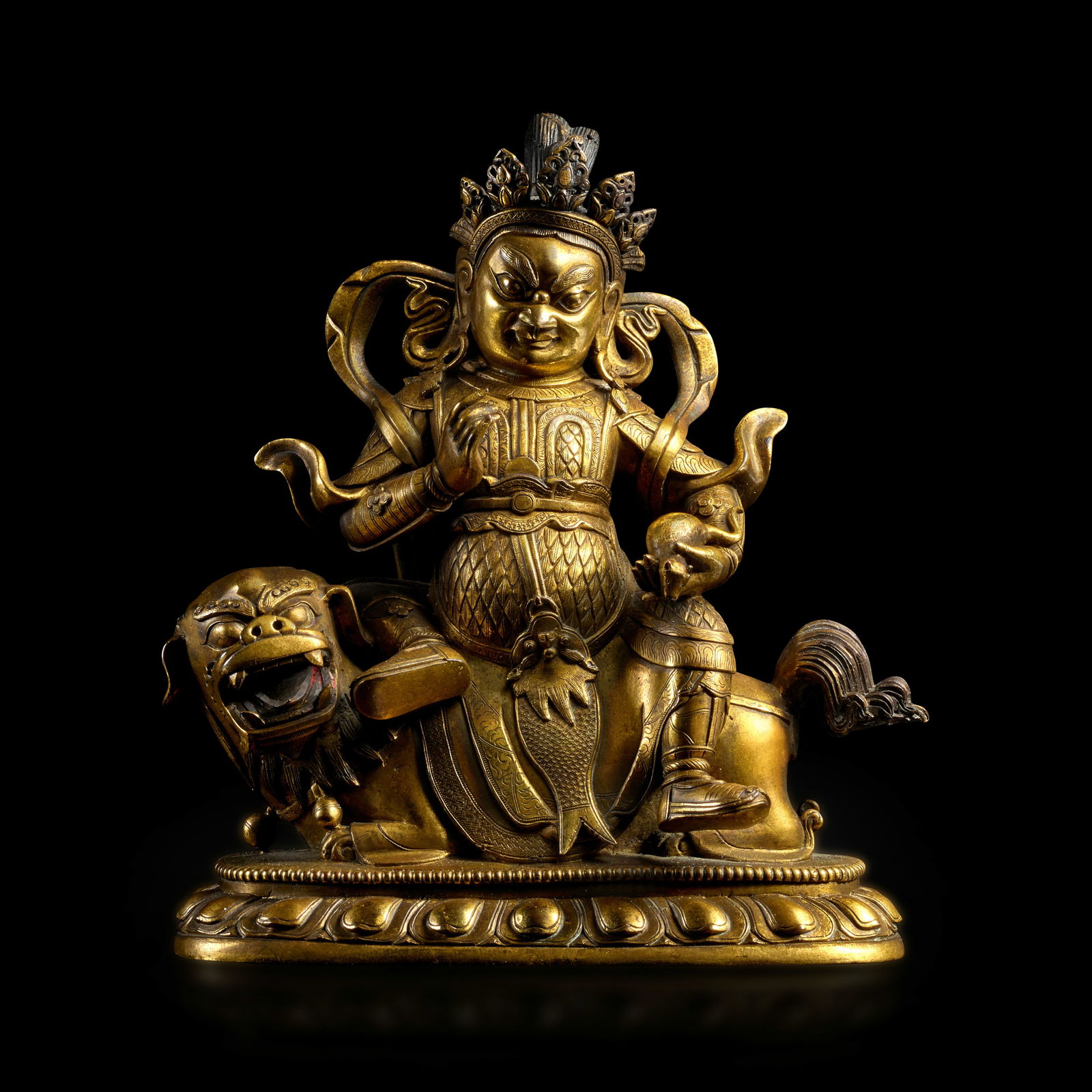 A GILT COPPER ALLOY FIGURE OF VAISHRAVANA QING DYNASTY, 18TH CENTURY: A GILT COPPER ALLOY FIGURE OF VAISHRAVANA QING DYNASTY, 18TH CENTURY Himalayan Art Resources item no. 2898 6 7/8 in. (17.5 cm) high Footnotes: 清 十八世紀 銅鎏