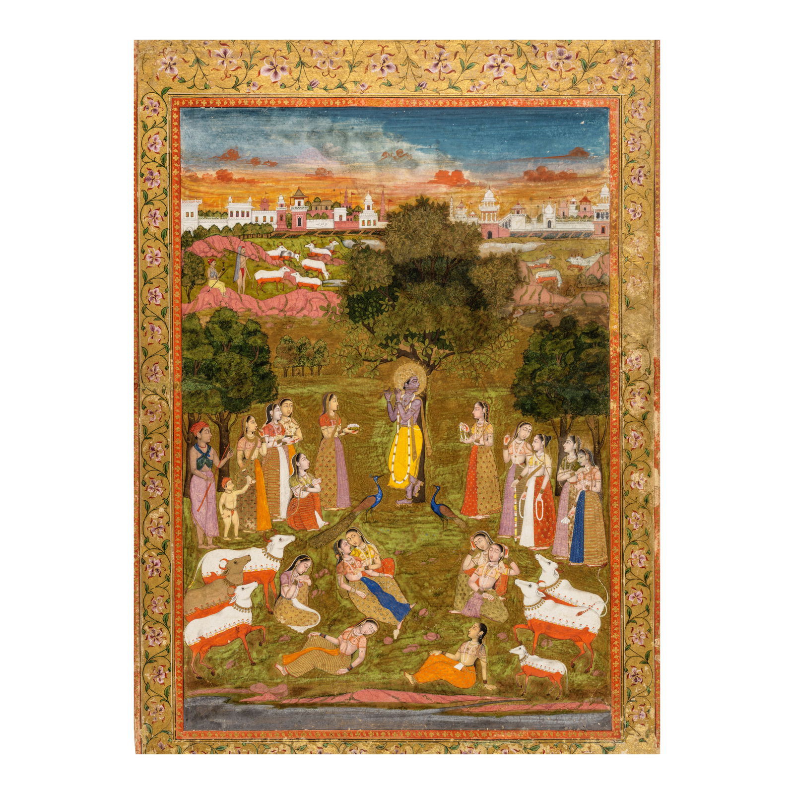 KRISHNA PLAYING THE FLUTE, SIGNED BY FAIZULLAH MUGHAL, FAIZABAD, CIRCA 1765: KRISHNA PLAYING THE FLUTE, SIGNED BY FAIZULLAH MUGHAL, FAIZABAD, CIRCA 1765 Opaque watercolor and gold on paper, recto signed 'amal-i Faizullah' on the city wall. Image: 15 1/8 x 10 3/8 in. (38.4 x 26