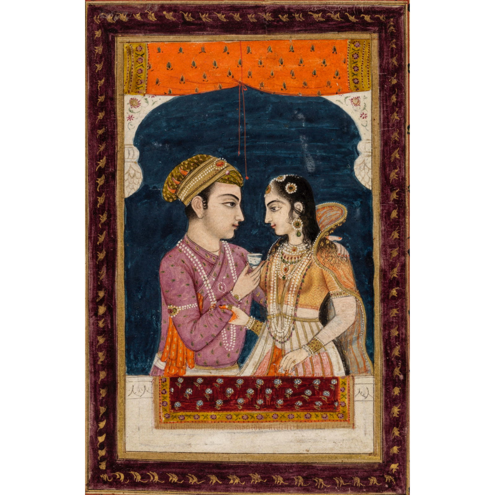 A DOUBLE-SIDED MANUSCRIPT PAGE: LOVERS SHARE A WINE CUP; TWO MAIDENS IN THE MOONLIGHT DECCAN, 18...: A DOUBLE-SIDED MANUSCRIPT PAGE: LOVERS SHARE A WINE CUP; TWO MAIDENS IN THE MOONLIGHT DECCAN, 18TH CENTURY Opaque watercolor and gold on paper. Maidens Image: 8 3/8 x 6 in. (21.3 x 15.2 cm); Couple: 6