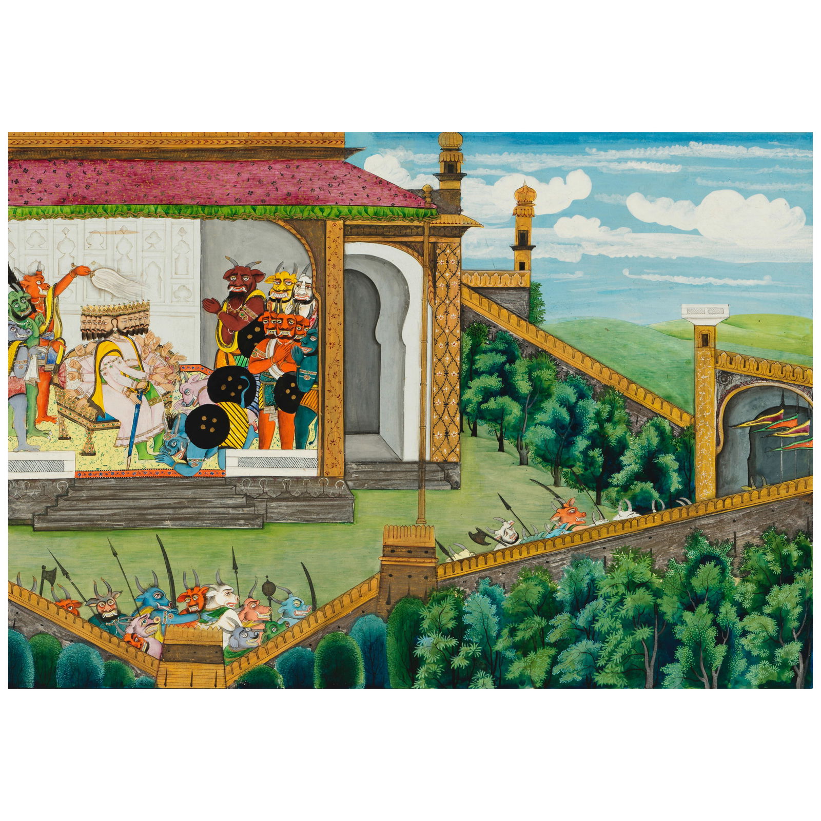 AN ILLUSTRATION FROM A RAMAYANA SERIES GULER OR KANGRA, CIRCA 1840-50: AN ILLUSTRATION FROM A RAMAYANA SERIES GULER OR KANGRA, CIRCA 1840-50 Opaque watercolor and gold on paper. 11 1/4 x 18 1/8 in. (28.6 x 46 cm) Footnotes: Provenance F. Suie One, Co., Pasadena, Califor