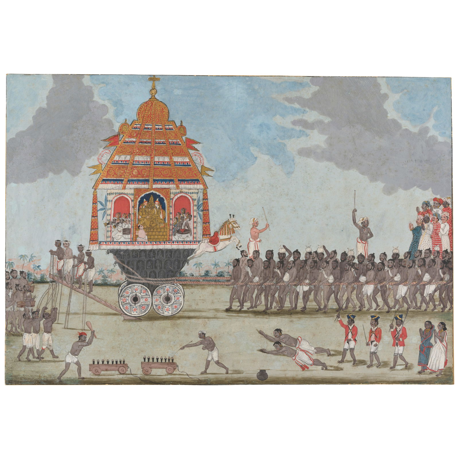 PROCESSION OF NARASIMHA TANJORE, CIRCA 1800: PROCESSION OF NARASIMHA TANJORE, CIRCA 1800 Opaque watercolor and gold on paper, laid on card. 8 7/8 x 12 3/4 in. (22.5 x 32.4 cm) Footnotes: Provenance Collection of Siddharth K. Bhansali, New Orlean