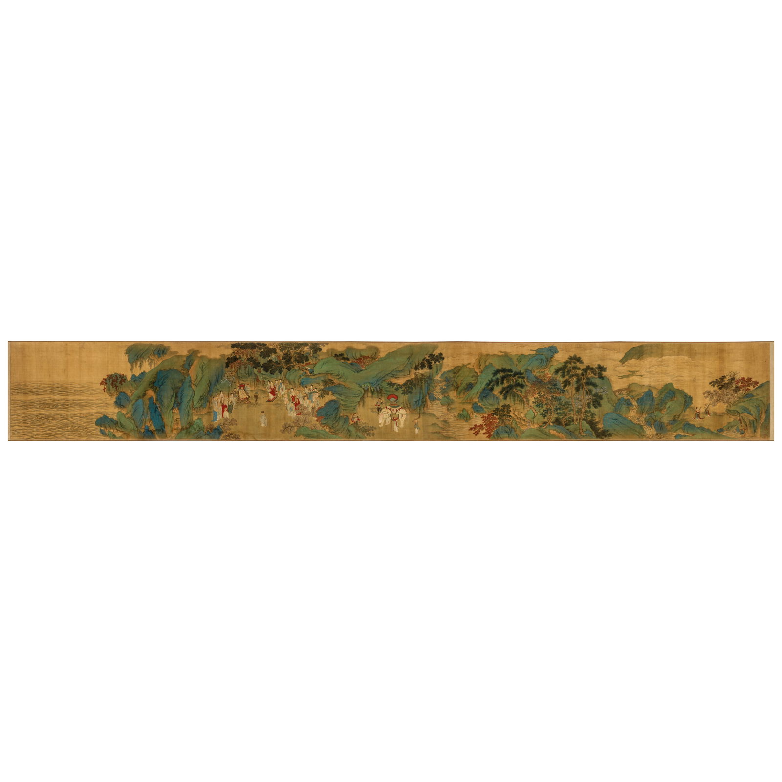 ATTRIBUTED TO QIU YING, (circa 1494-1551/1552) Vimalakirti Preaching the Dharma: ATTRIBUTED TO QIU YING, (circa 1494-1551/1552) Vimalakirti Preaching the Dharma Horizontal handscroll, ink and mineral pigments on silk, signed Qiu Ying Shifu and an artist's seal, with four collector