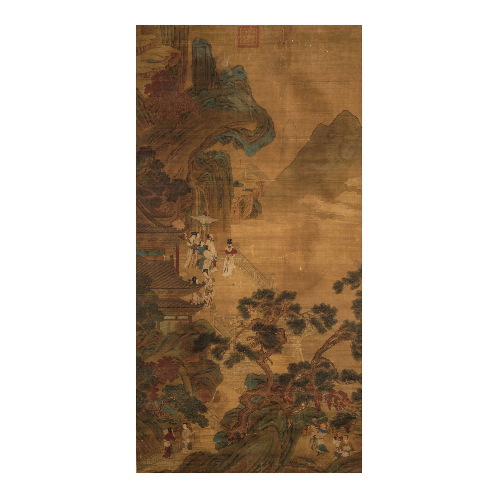 STYLE OF QIU YING Song of Everlasting Sorrow: STYLE OF QIU YING Song of Everlasting Sorrow Hanging scroll, ink and color on silk, absent artist's signature and seals, with two collector's seals of Prince Yi Hongxiao (1722-1778). 75 1/2 x 37 1/2in