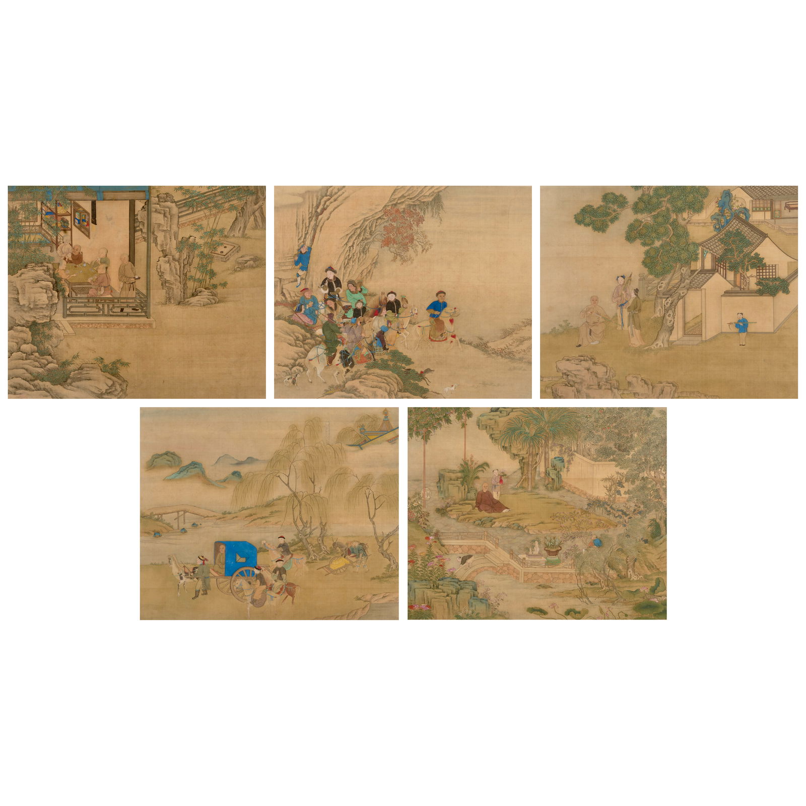 QING COURT ARTIST (early 19th century) Album leaves of a Qing Noble (5): QING COURT ARTIST (early 19th century) Album leaves of a Qing Noble Five album leaves, individually matted, framed and glazed, ink and color on silk, absent signatures and seals. 14 x 17in (35.5 x 43.