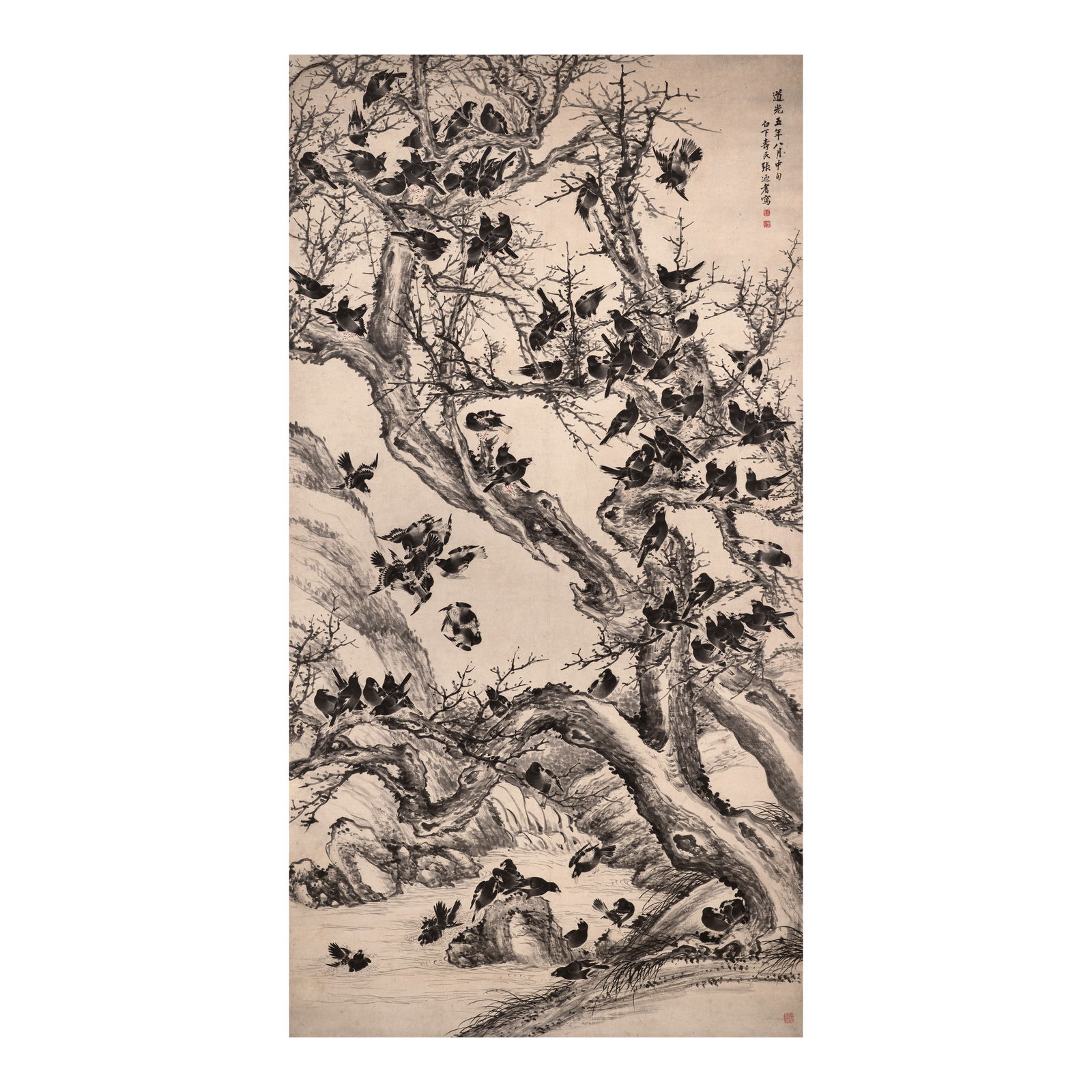 ZHANG NAIQI (18th-19th c.) Mynah Birds among Cypresses, 1825: ZHANG NAIQI (18th-19th c.) Mynah Birds among Cypresses, 1825 Hanging scroll, ink and light color on paper, inscribed by the artist and dated Daoguang fifth year, and signed Zhang Naiqi with three arti