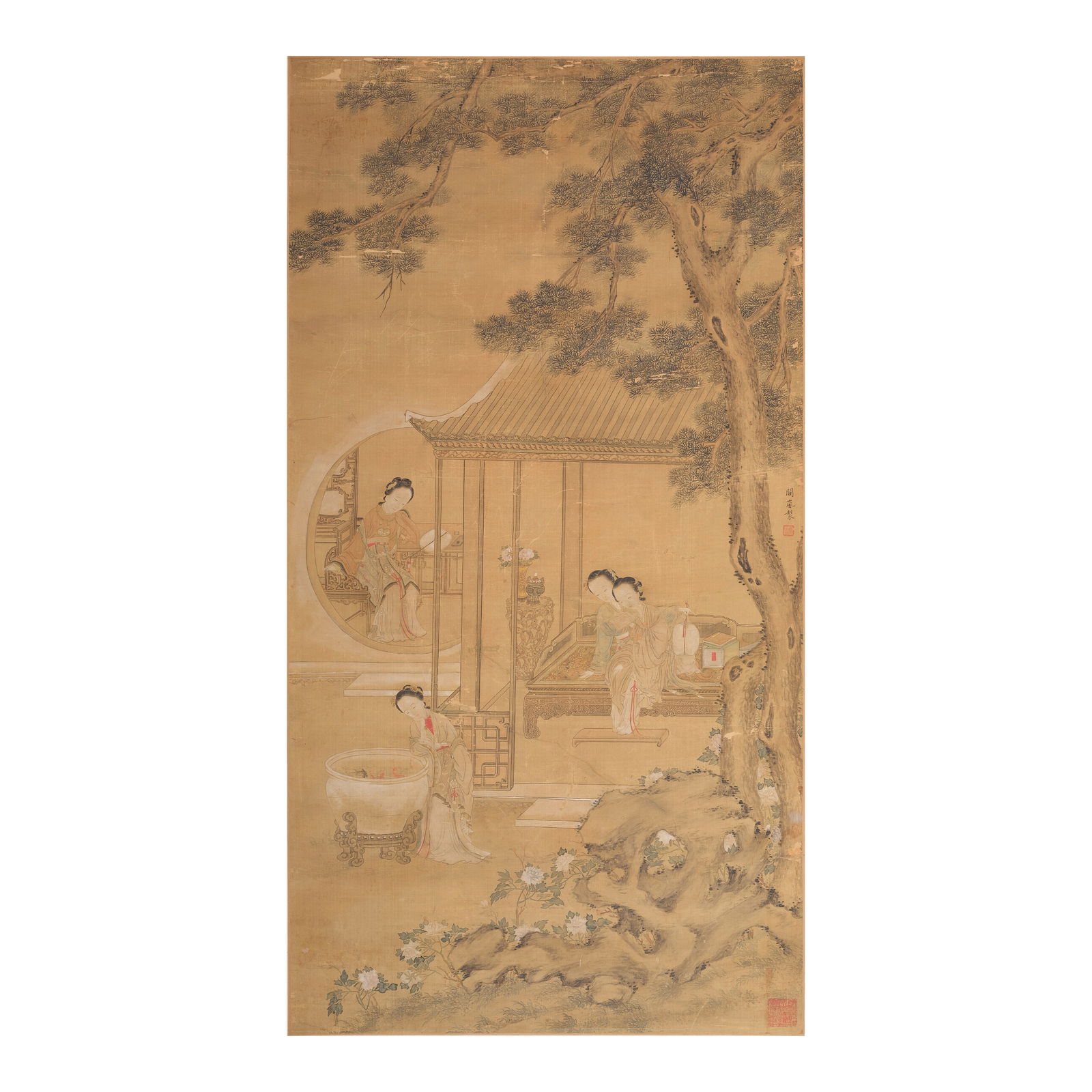 QUE LAN (1758-1844) Ladies in a Garden Pavilion: QUE LAN (1758-1844) Ladies in a Garden Pavilion Ink and color on silk, laid onto board and framed signed by the artist Que Lan with an artist's seal and a collector's seal. 41 x 21 1/4in (104.1 x 54cm