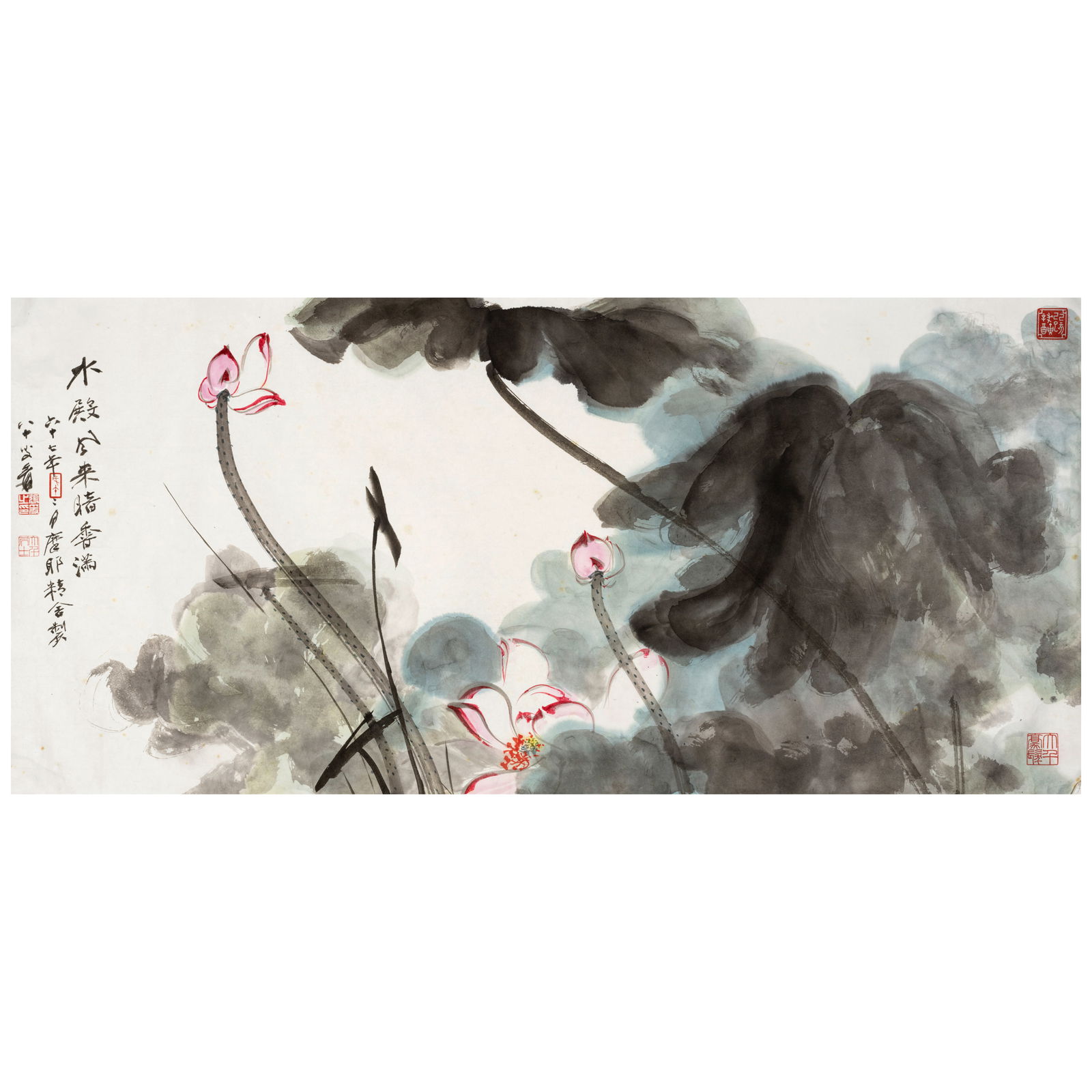 ZHANG DAQIAN (1899-1983) Pink Lotus, 1978: ZHANG DAQIAN (1899-1983) Pink Lotus, 1978 Unmounted, ink and color on paper, inscribed by the artist and dated to the 67th year (of the Republic), singed Yuan, with a total of five artist's seals. 19