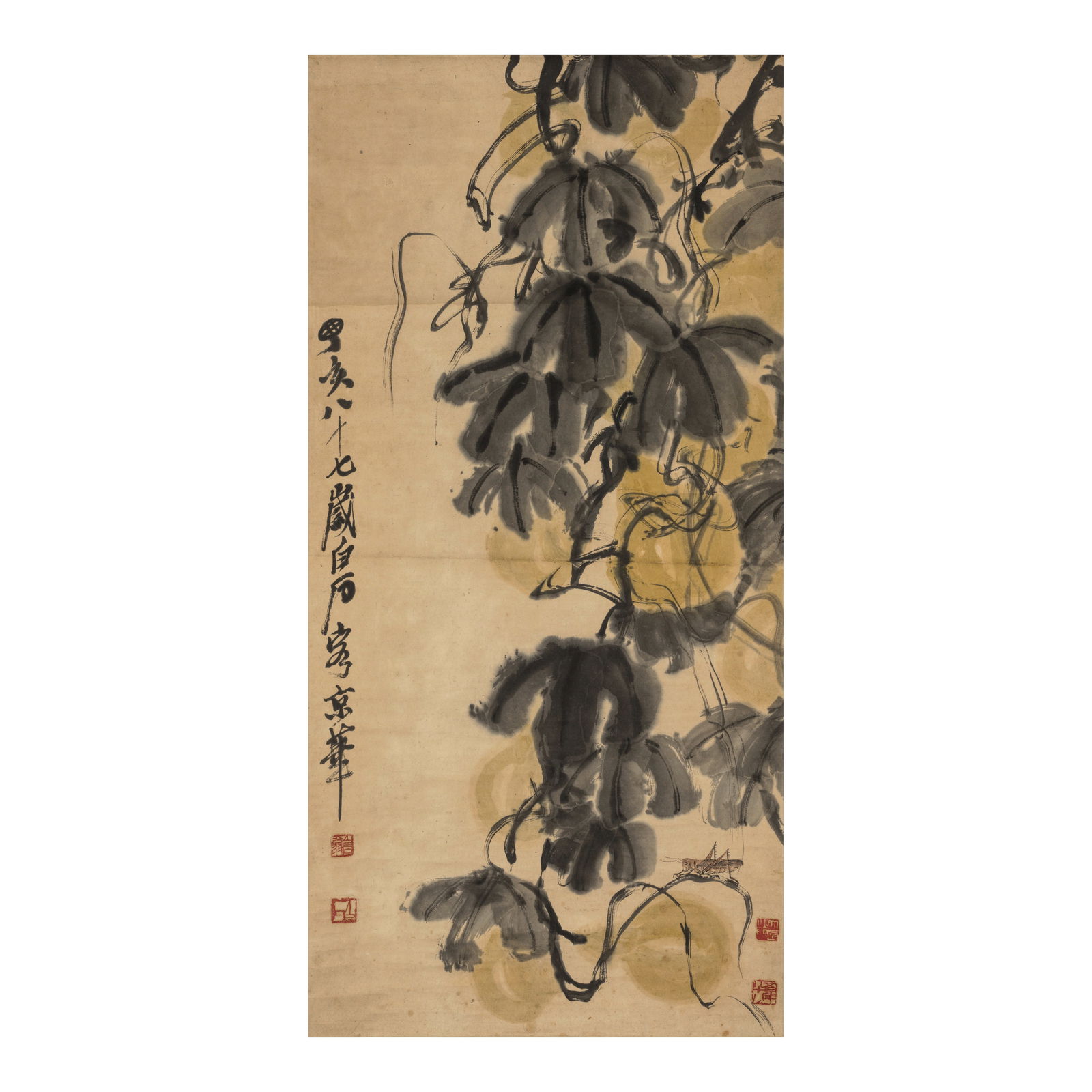 QI BAISHI (1864-1957) Gourds and Insects, 1947: QI BAISHI (1864-1957) Gourds and Insects, 1947 Hanging scroll, ink and color on paper, inscribed by the artist and dated dinghai and signed Baishi with four artist's seals. 36 7/8 x 18in (93.5 x 45.5c