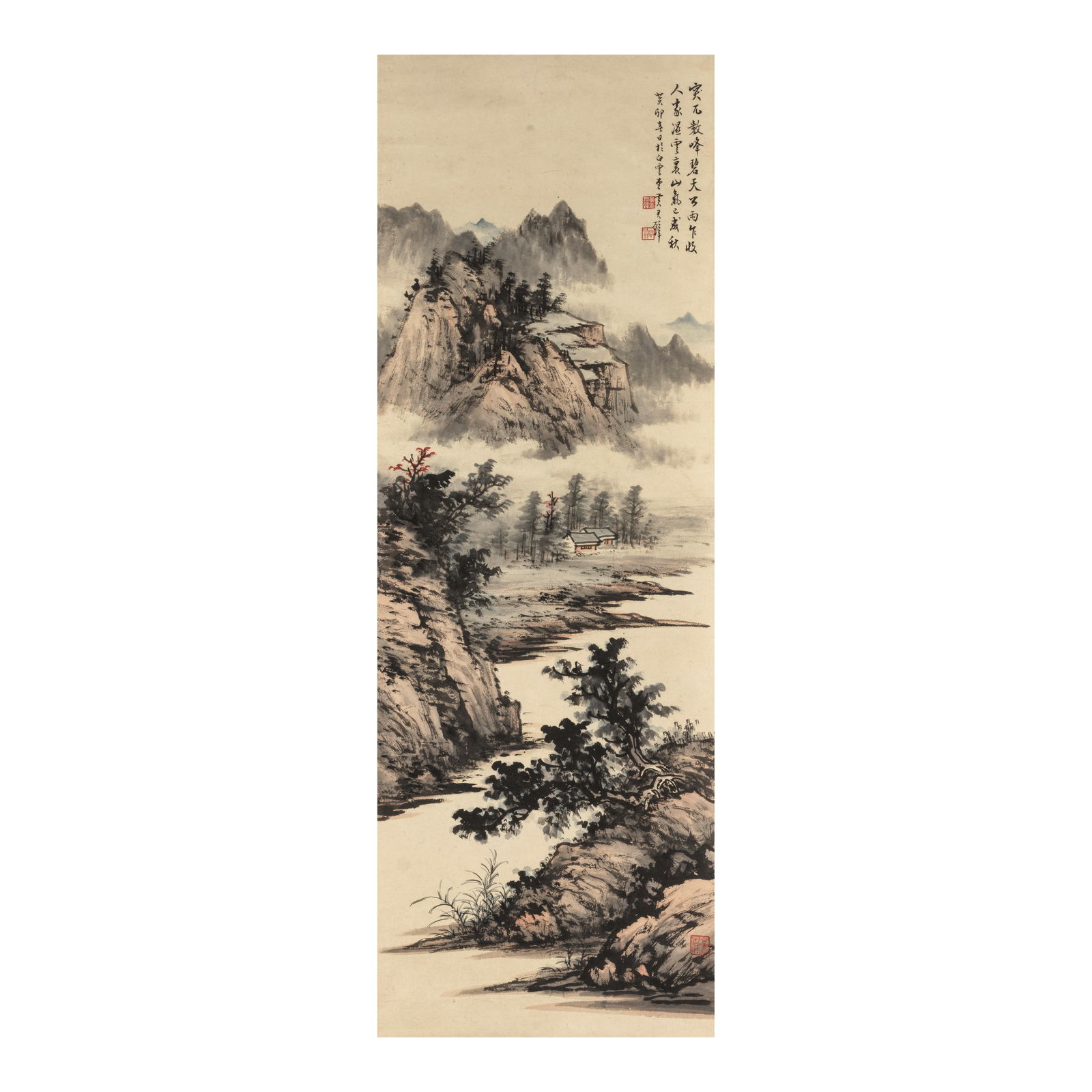 HUANG JUNBI (1898-1991) Landscape, 1963: HUANG JUNBI (1898-1991) Landscape, 1963 Hanging scroll, ink and color on paper, inscribed by the artist and dated guimao and signed Baiyuntang Huang Junbi with three artist's seals. 39 1/4 x 13 1/2in