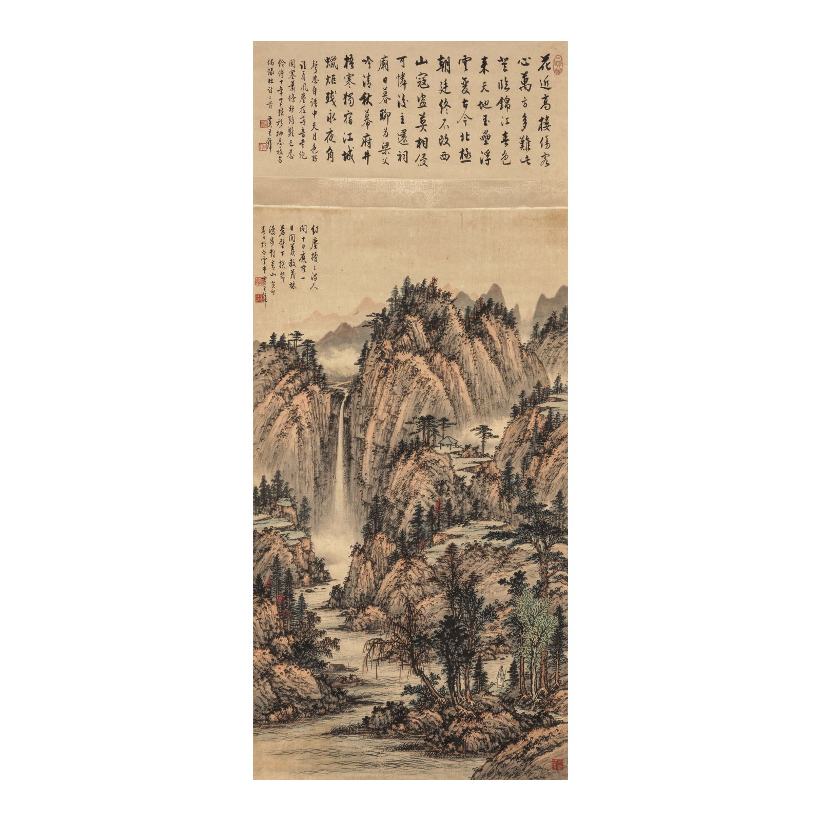 HUANG JUNBI (1898-1991) Lansdcape and Calligraphy, 1963: HUANG JUNBI (1898-1991) Lansdcape and Calligraphy, 1963 Hanging scroll, ink and color on paper, inscribed by the artist and dated guimao, and signed Baiyuntang Huang Junbi with three artist's seals, m