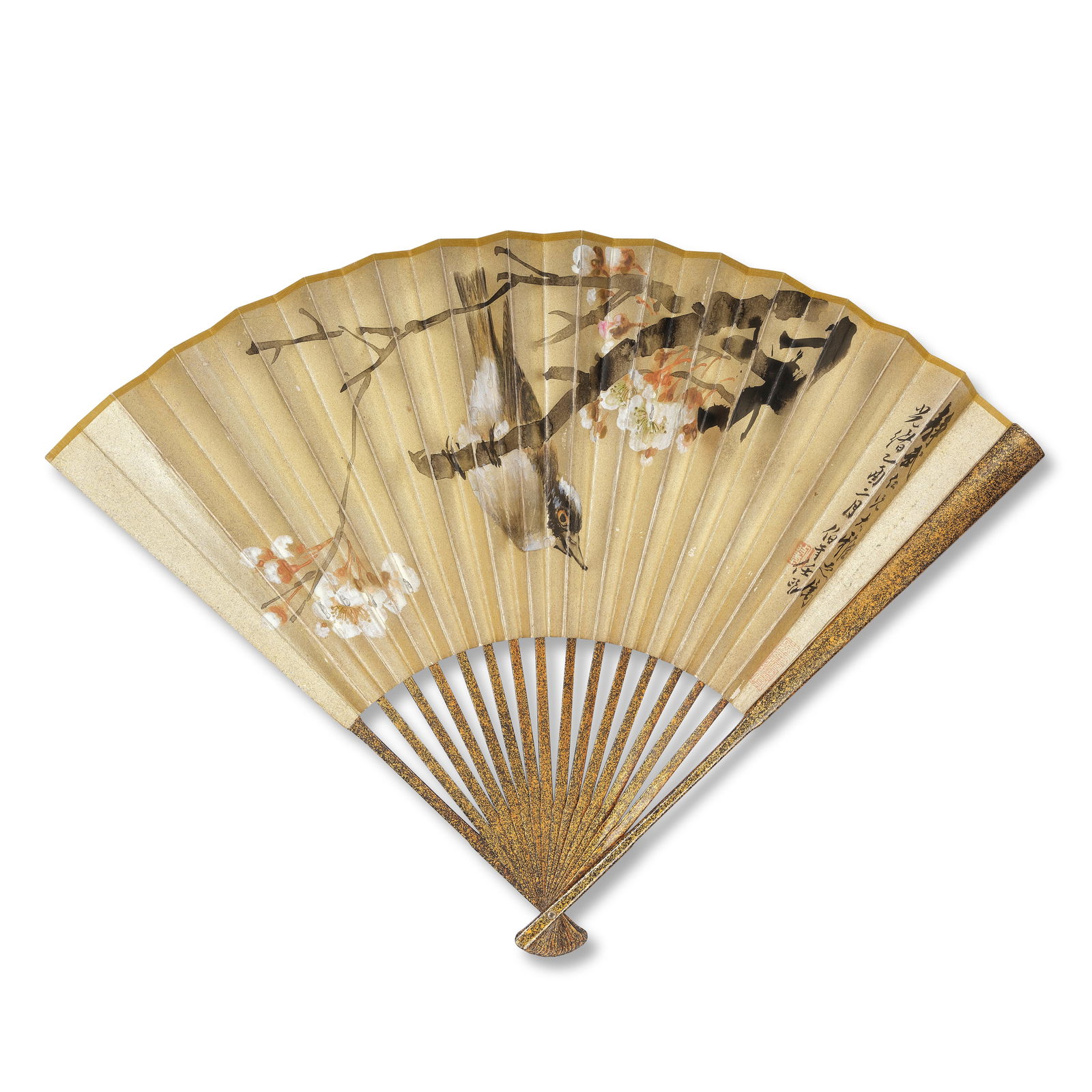 REN BONIAN (1840-1896); YAO WENZAO (19th/20th century) Bird and Flower; Calligraphy 1885: REN BONIAN (1840-1896); YAO WENZAO (19th/20th century) Bird and Flower; Calligraphy 1885 Folding fan, the painting ink and color on gold paper, inscribed by the artist with a dedication to Jingwu, dat
