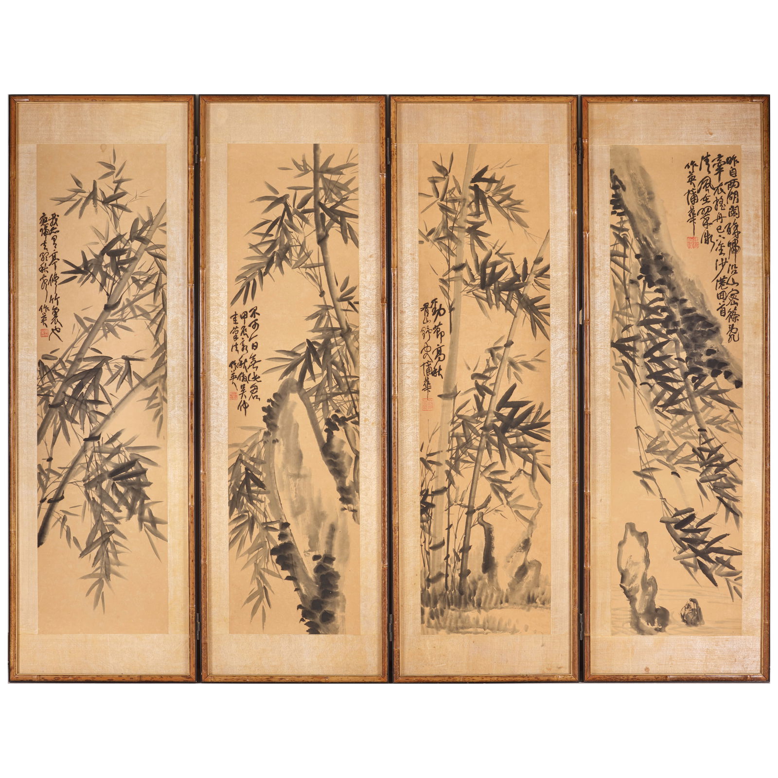PU HUA (1834-1911) Ink Bamboo, 1904: PU HUA (1834-1911) Ink Bamboo, 1904 Ink on paper, four-panel floor screen with spotted bamboo frames, each panel mounted and glued to board, inscribed by the artist on each panel with one seal, signed