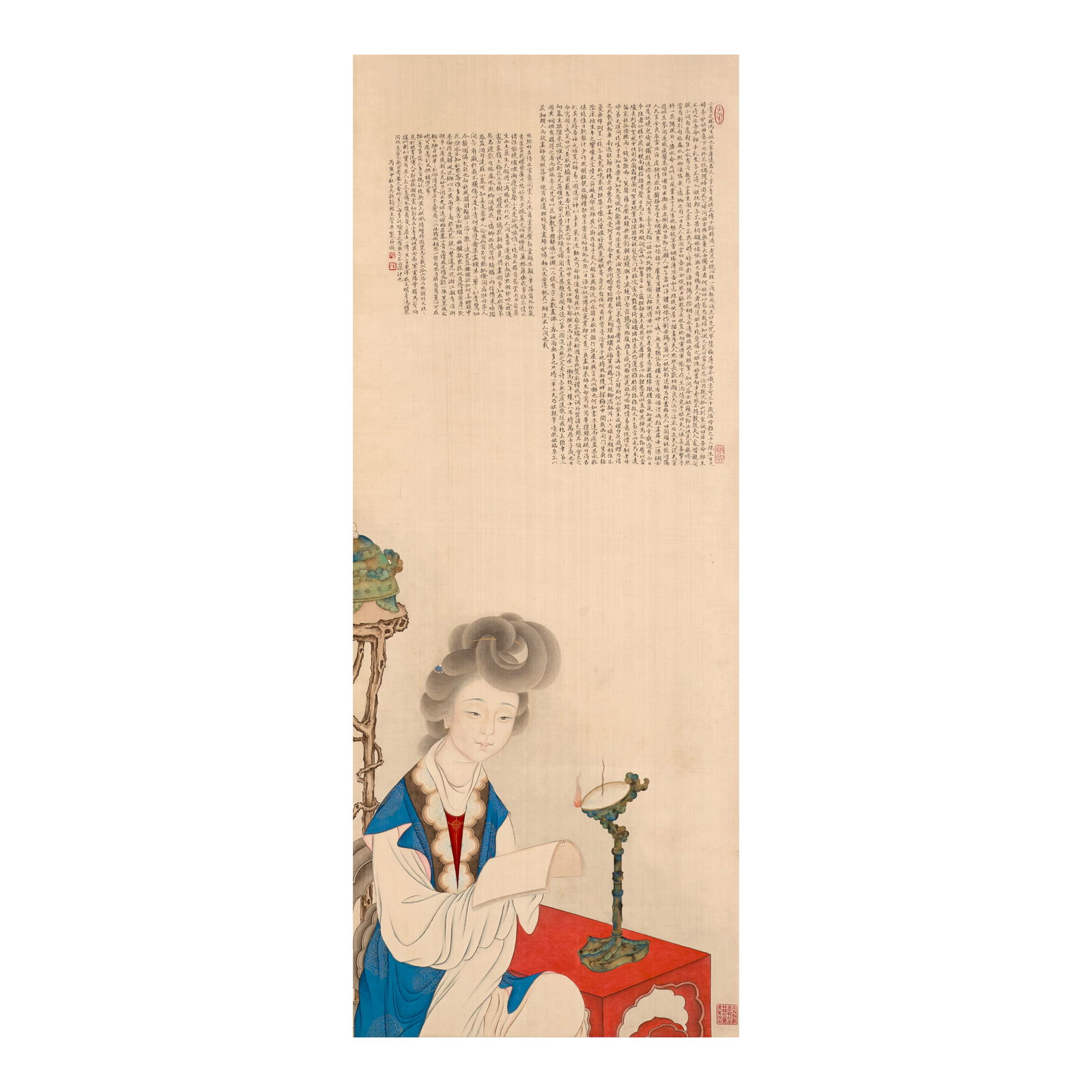 GUAN PINGHU (1897-1967) Reading by a Lamp, 1926: GUAN PINGHU (1897-1967) Reading by a Lamp, 1926 Hanging scroll, ink and color on silk, Inscribed by the artist with a long inscription, dated bingyin, and signed Guan Ping with four artist's seals and