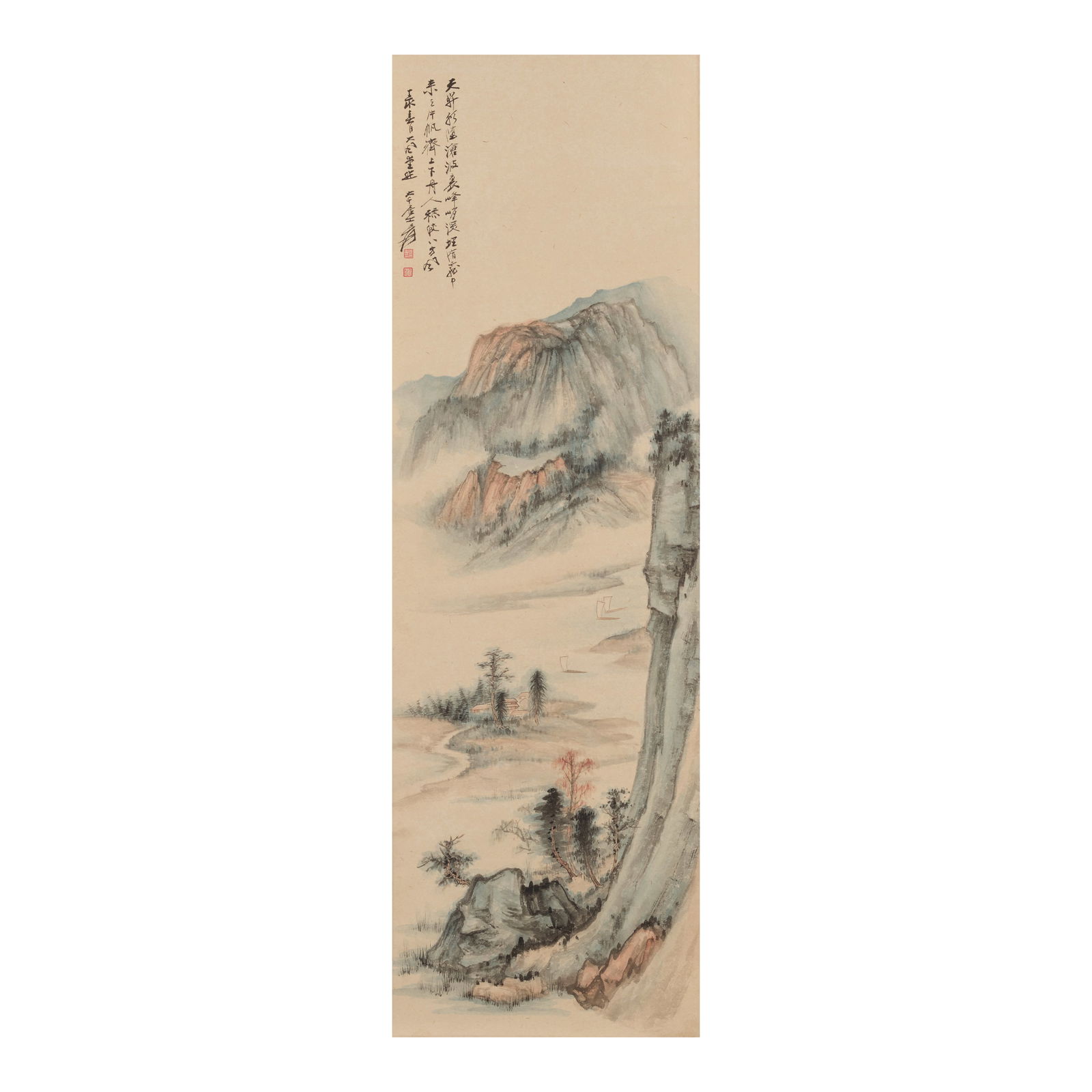 ZHANG DAQIAN (1899-1983) Landscape, 1927: ZHANG DAQIAN (1899-1983) Landscape, 1927 Hanging scroll, ink and color on paper, inscribed by the artist and dated dingmao, signed Daqian Jushi Yuan, with two artist's seals. 40 3/8 x 12 3/4in (102.5