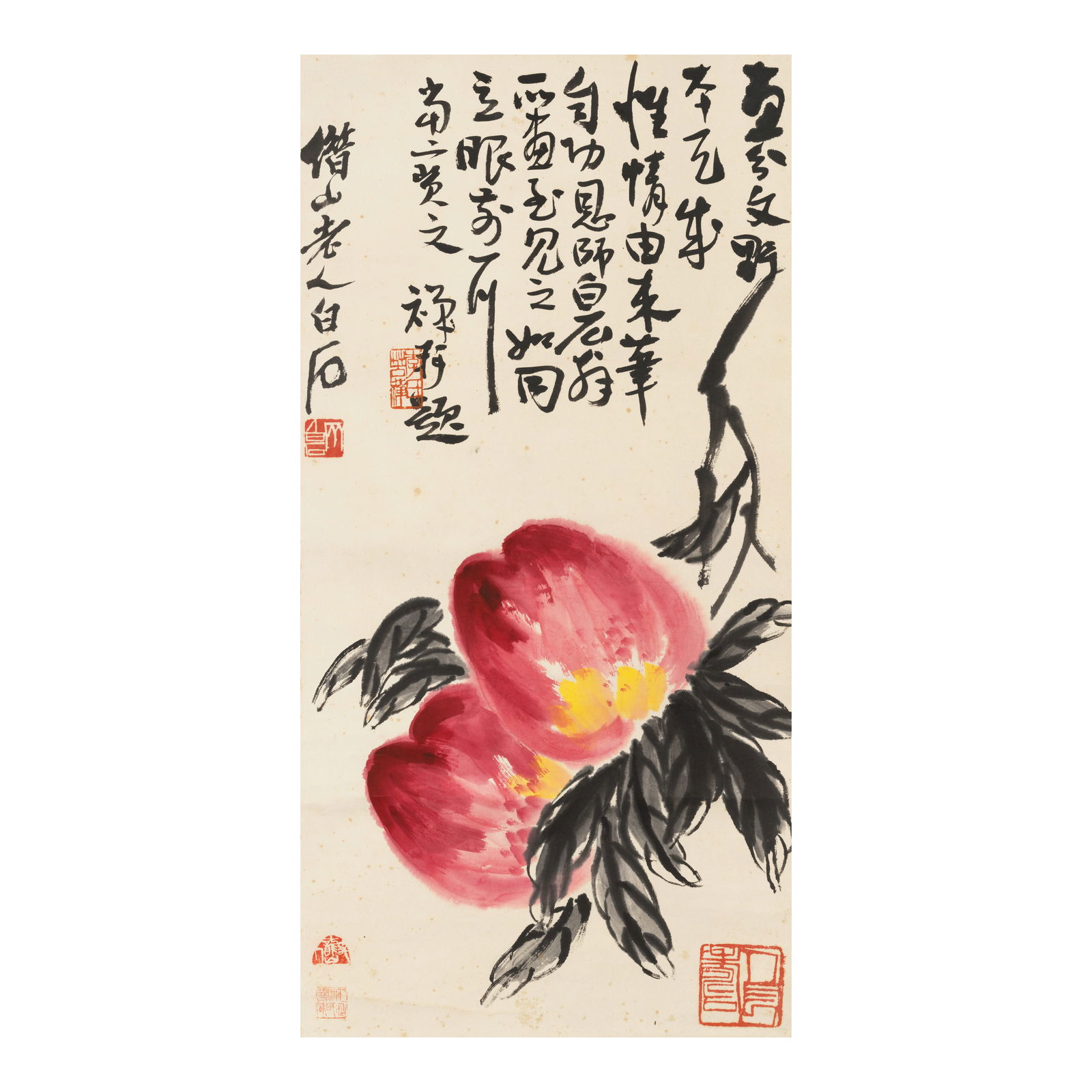 QI BAISHI (1864-1957) Longevity Peaches: QI BAISHI (1864-1957) Longevity Peaches Hanging scroll, ink and color on paper, inscribed by the artist and signed Jieshan Laoren Baishi, with two seals, additional inscription by Li Kuchan (1899-1983