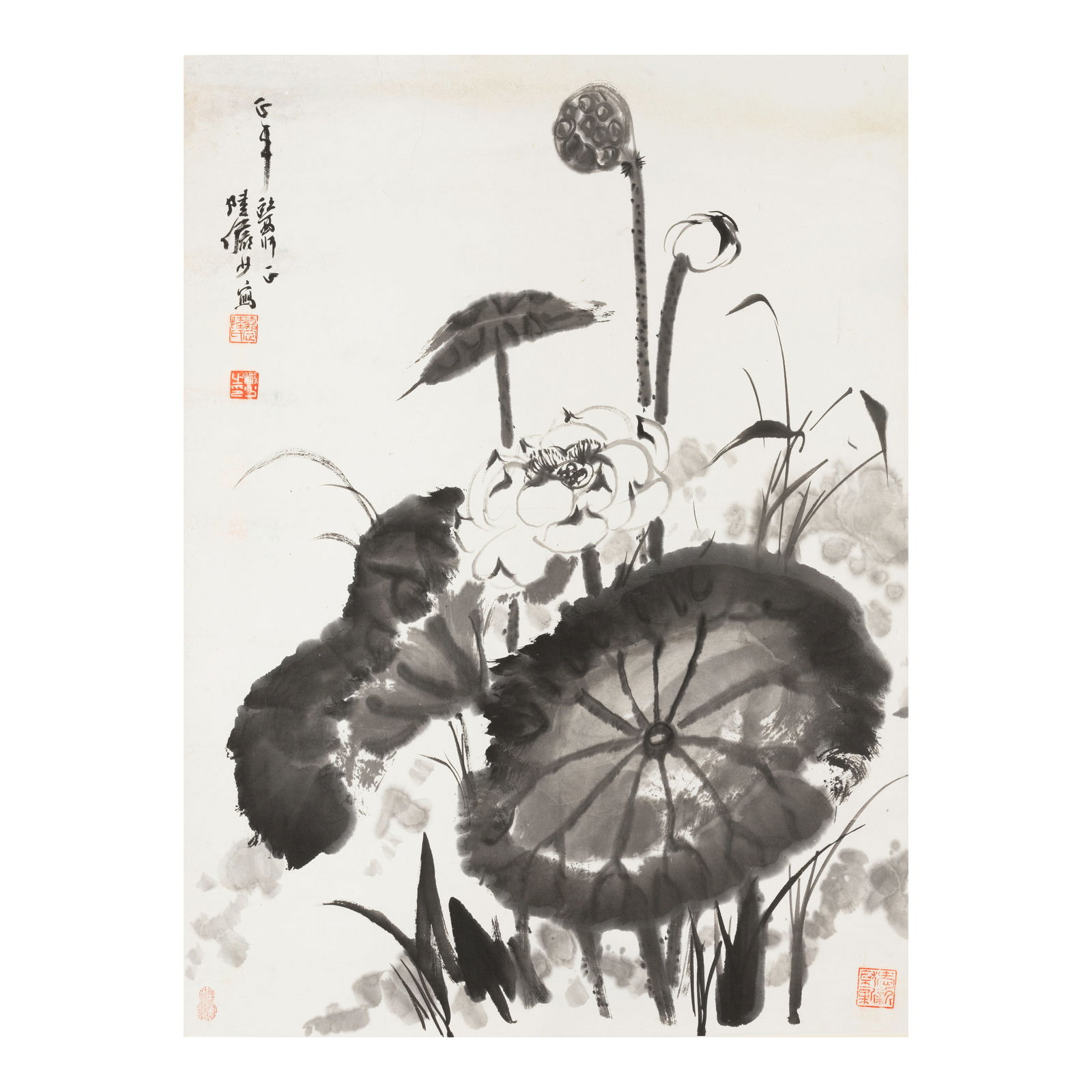 LU YANSHAO (1909-1993) Ink Lotus Dedicated to Guo Zhengping: LU YANSHAO (1909-1993) Ink Lotus Dedicated to Guo Zhengping Hanging scroll, ink on paper, inscribed by the artist with a dedication to Dr. Zhengping, signed Lu Yanshao with three artist's seals and a
