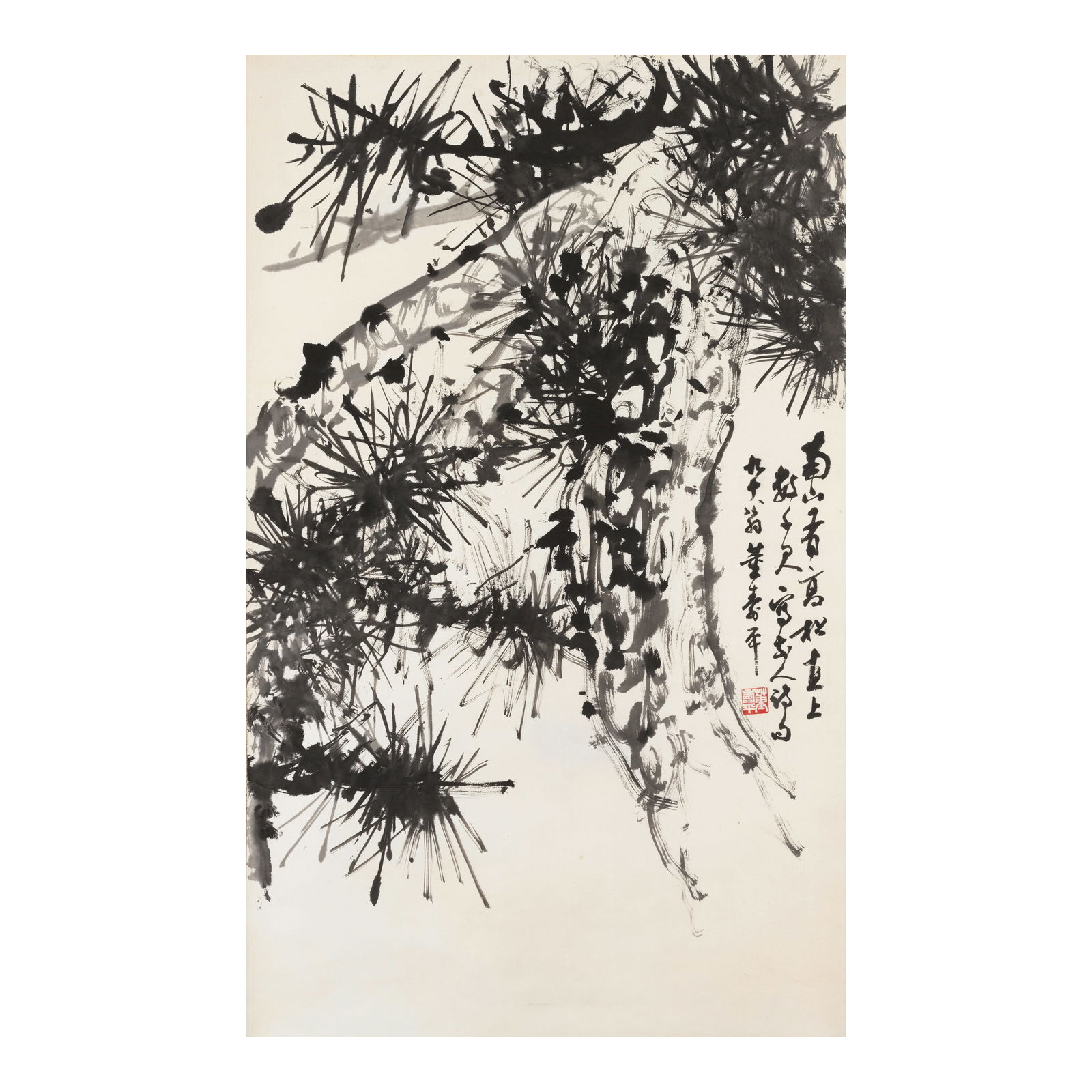 DONG SHOUPING (1904-1997) Ink Pine Tree, 1993: DONG SHOUPING (1904-1997) Ink Pine Tree, 1993 Hanging scroll, ink on paper, inscribed by the artist and dated to his ninetieth year, signed Dong Shouping with an artist's seal; with an inscribed wood