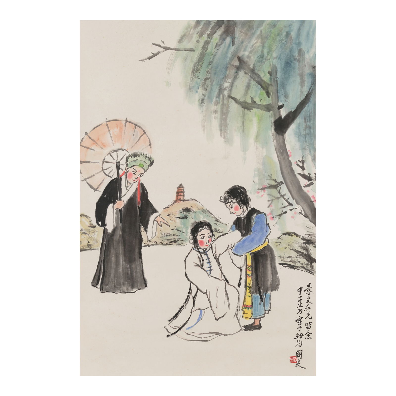 GUAN LIANG (1900-1986) Opera Scene of the legend of the White Snake Dedicated to Yan Jingwen (...: GUAN LIANG (1900-1986) Opera Scene of the legend of the White Snake Dedicated to Yan Jingwen (1905-1987), 1984 Hanging scroll, ink and color on paper, inscribed by the artist with a dedication, dated