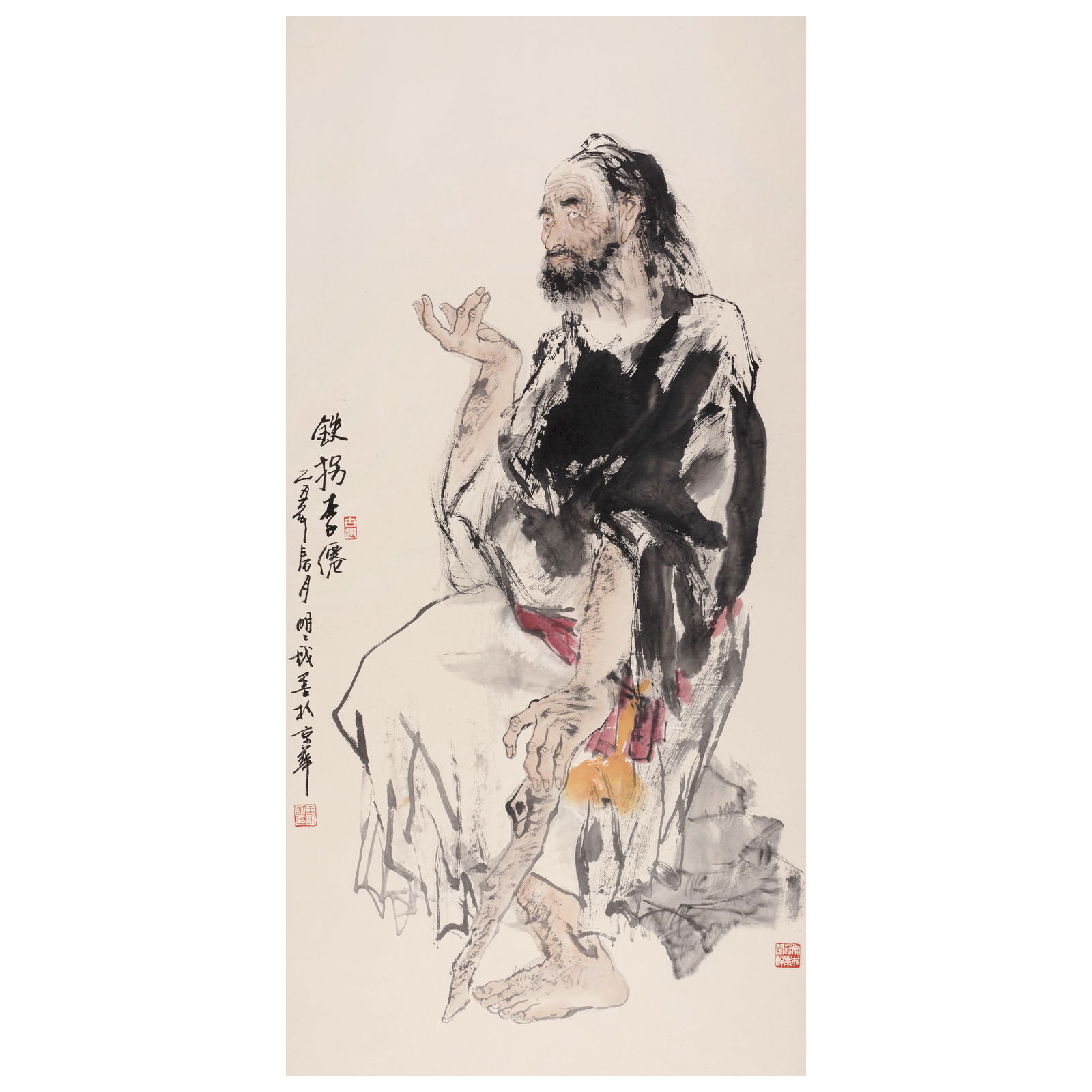 WANG MINGMING (Born 1952) Li Tieguai, 1985: WANG MINGMING (Born 1952) Li Tieguai, 1985 Hanging scroll, ink and color on paper, inscribed by the artist and dated yichou, signed Mingming with three artist's seals. 53 1/4 x 26 1/4in (135 x 66.5cm)