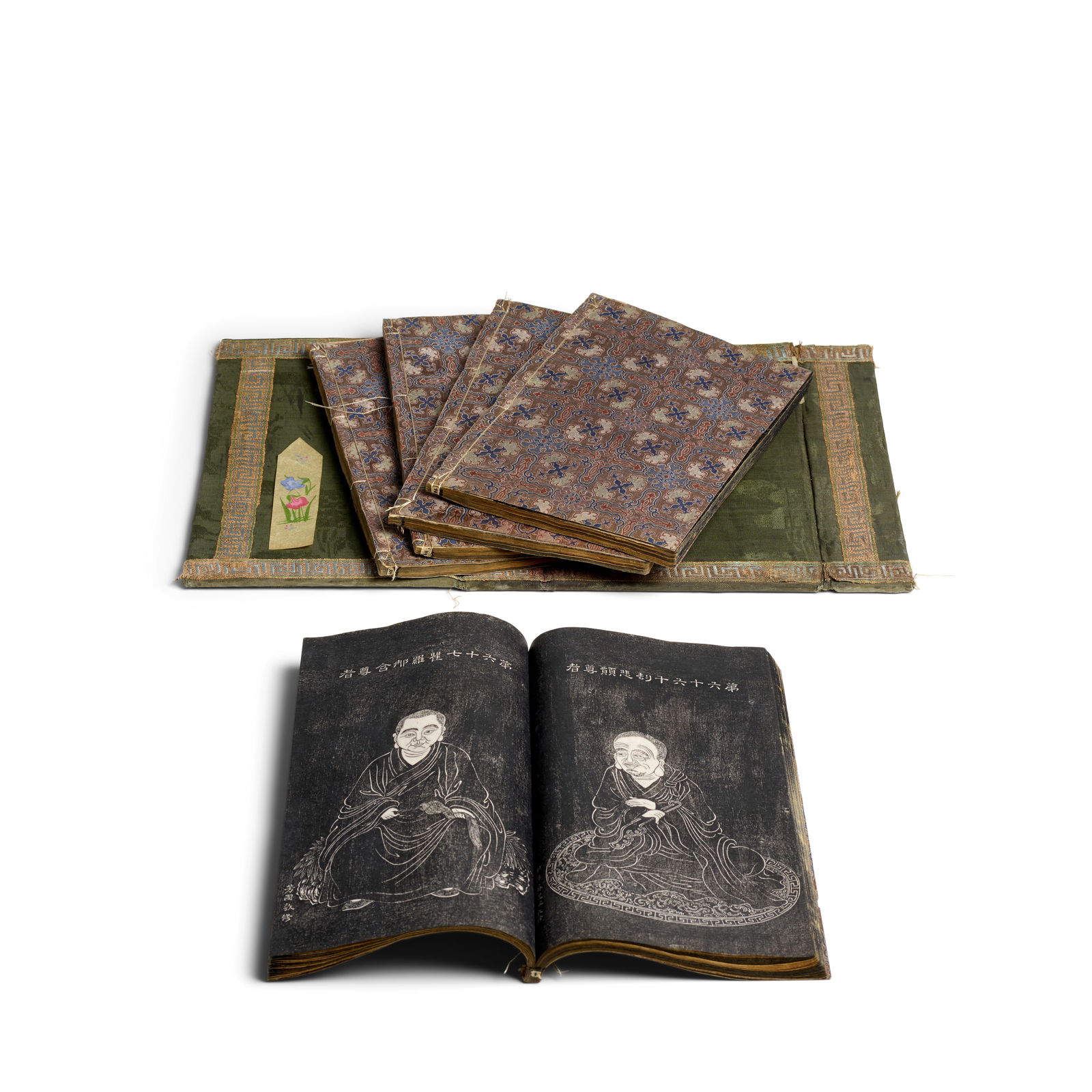 WUBAI LUOHAN XIANGZAN Guangxu period: WUBAI LUOHAN XIANGZAN Guangxu period Five traditional string bound volumes in a case, ink rubbings on paper, taken from stone carvings at the Zhusheng Temple, Nanyue, Hunan. 11 3/8 x 7in (29 x 18cm) F