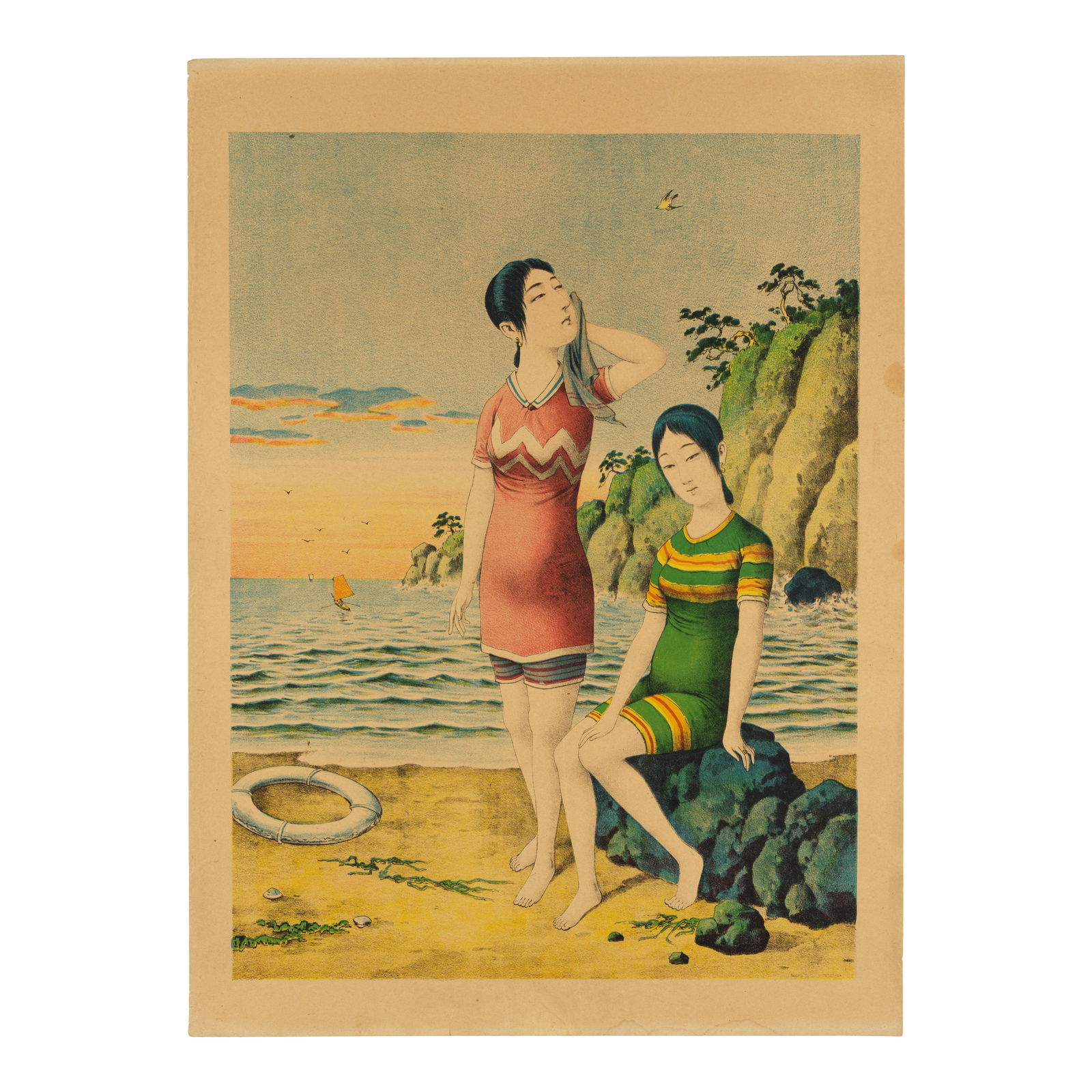 ANONYMOUS Bathing Beauties, circa 1920's (4): ANONYMOUS Bathing Beauties, circa 1920's Four lithographic prints, ink and color on paper, unsigned and absent of printer marks. 21 x 15 1/2in (53.5 x 39.2cm), each (4). Footnotes: 佚