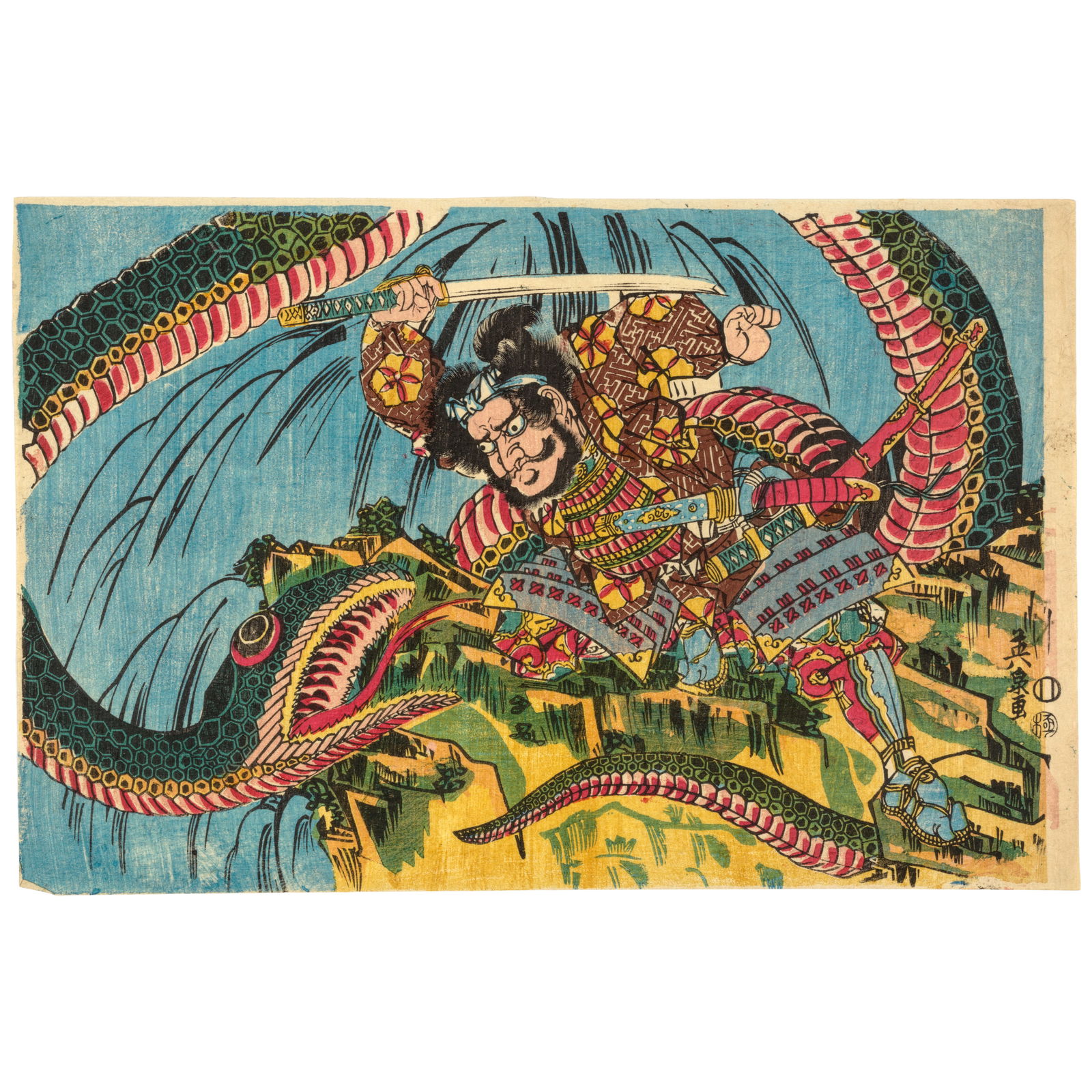 KEISAI EISEN (1790-1848) Edo period (1615-1868), circa 1830s: KEISAI EISEN (1790-1848) Edo period (1615-1868), circa 1830s A rare ōban yoko-e print depicting Chūsenko Teitokuson fighting a giant snake, signed Eisen ga 9 1/16 x 14in (23 x 35.4cm) For fu