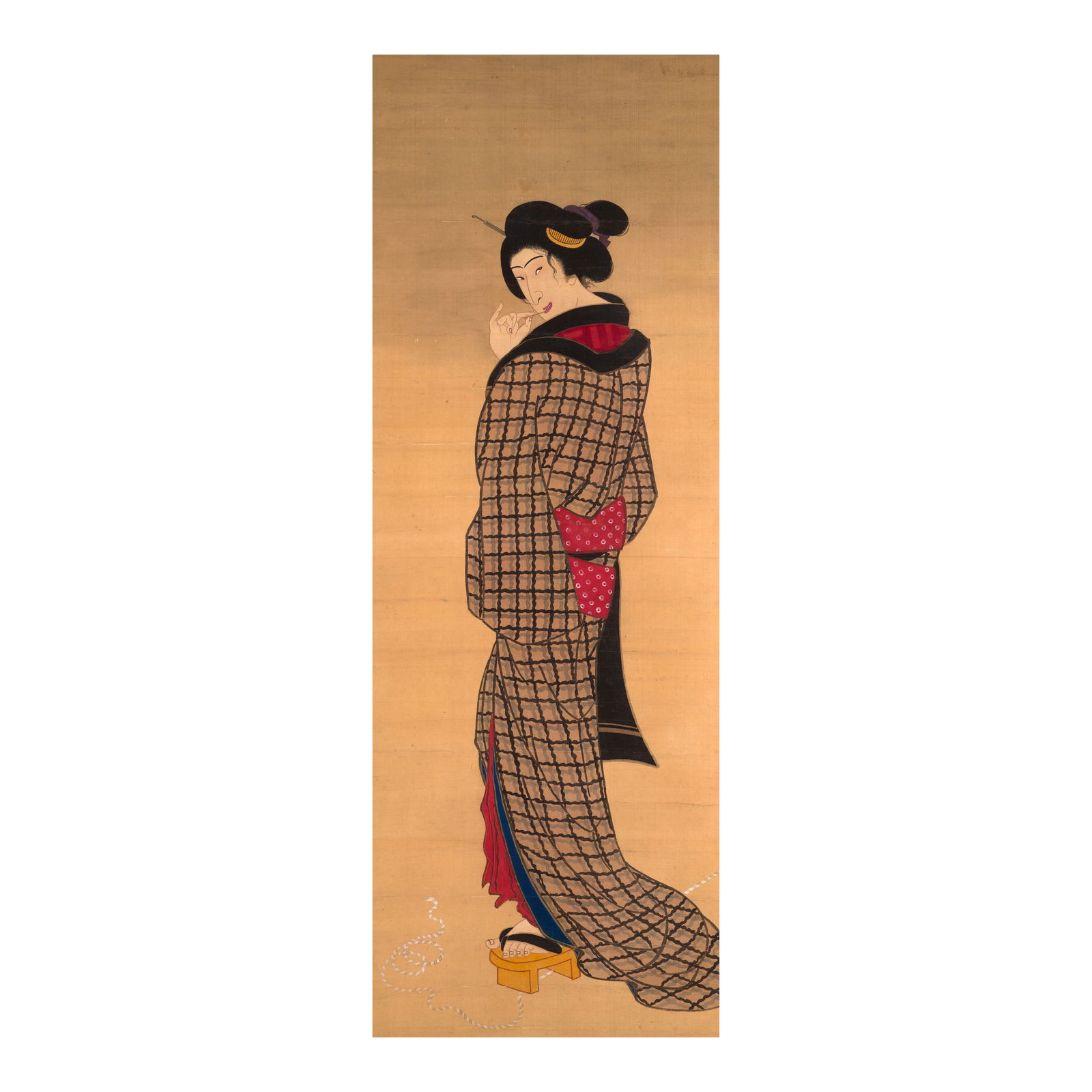 UTAGAWA SCHOOL Okane of Ōmi Edo period (1615-1868), 19th century: UTAGAWA SCHOOL Okane of Ōmi Edo period (1615-1868), 19th century Kakejiku (hanging scroll) in ink and color on silk, depicting a standing woman appearing to be picking her teeth with a toothpick,