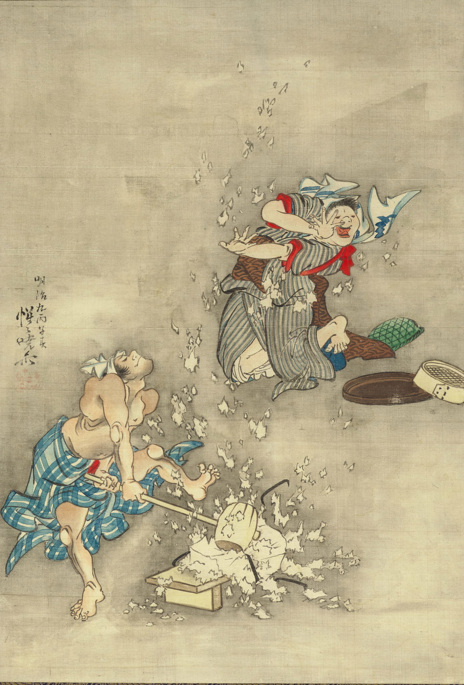 KAWANABE KYŌSAI (1831-1889) Smashing Tofu Meiji era (1868-1912), 1876: KAWANABE KYŌSAI (1831-1889) Smashing Tofu Meiji era (1868-1912), 1876 Kakejiku (hanging scroll), ink and colors on silk, depicting a kitchen worker using a mallet to smash a block of tofu, splatt