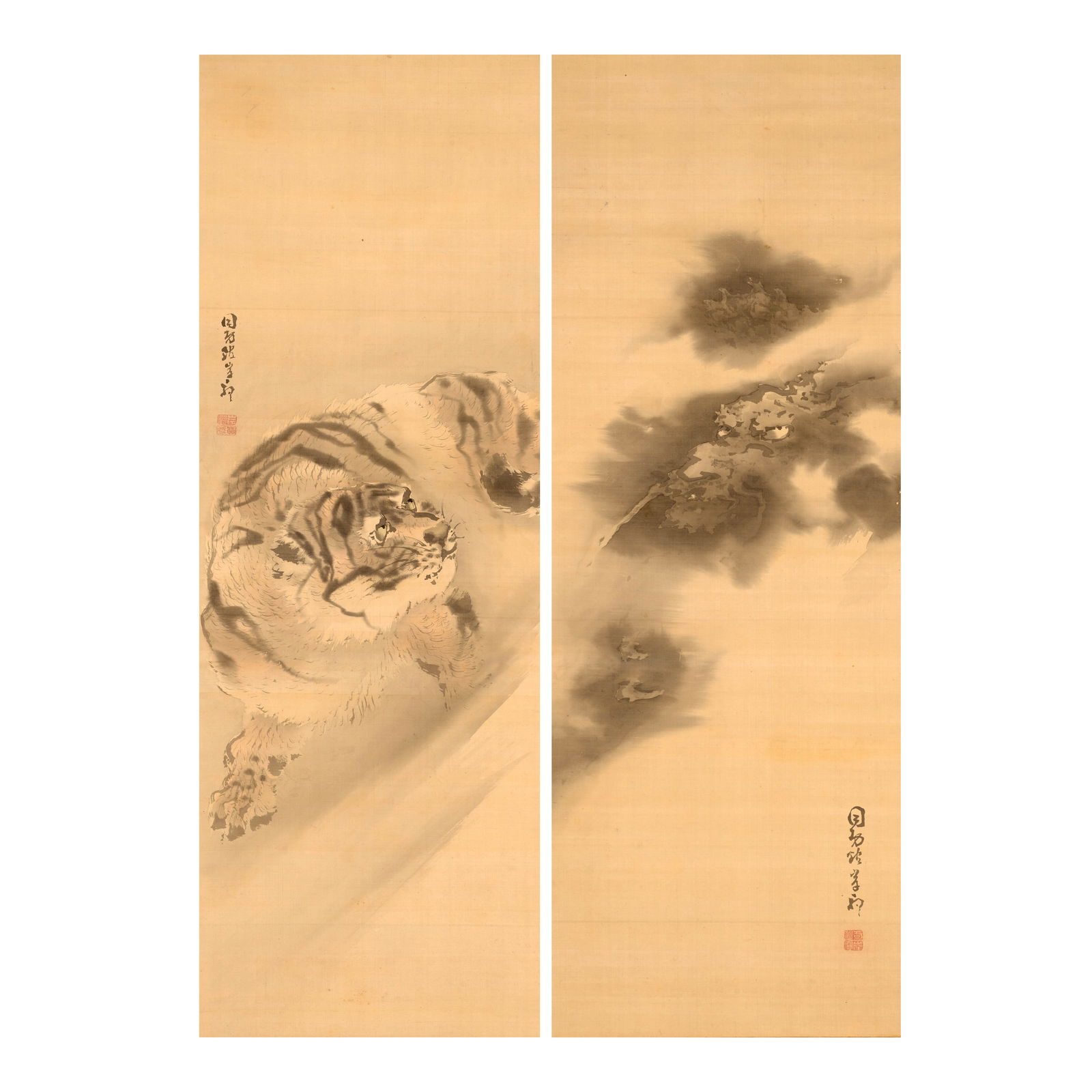 KISHI GANKU (1749-1839) Dragon and Tiger Edo period (1615-1868), 19th century (2): KISHI GANKU (1749-1839) Dragon and Tiger Edo period (1615-1868), 19th century A pair of kakejiku (hanging scrolls) in ink and light color on silk, depicting a tiger on the left scroll and a dragon on