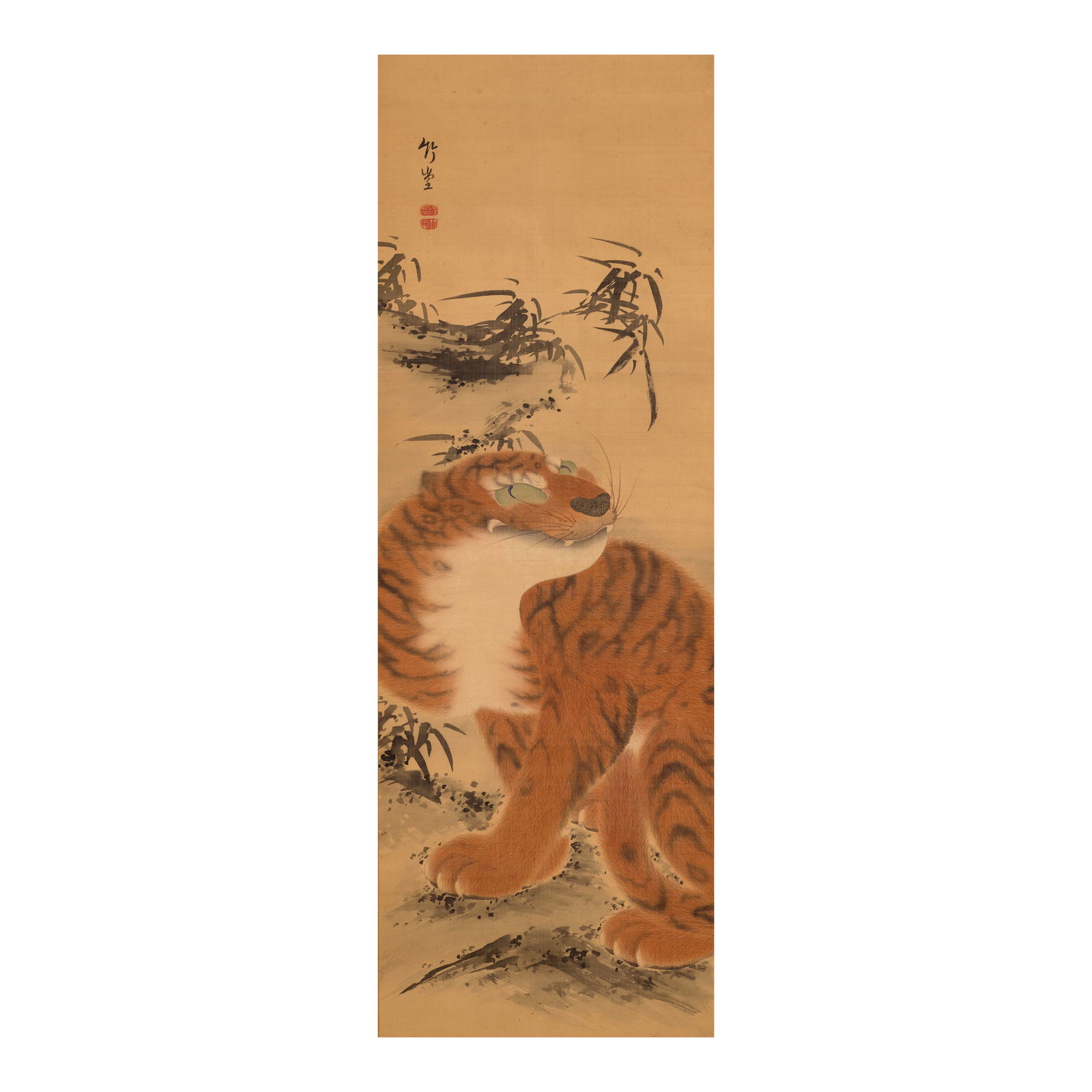 KISHI CHIKUDŌ (1826-1897) Tiger Edo period (1615-1868) or Meiji era (1868-1912), 19th century: KISHI CHIKUDŌ (1826-1897) Tiger Edo period (1615-1868) or Meiji era (1868-1912), 19th century Kakejiku (hanging scroll) in ink, color, and gold on silk depicting a tiger in detail, its fur brushe