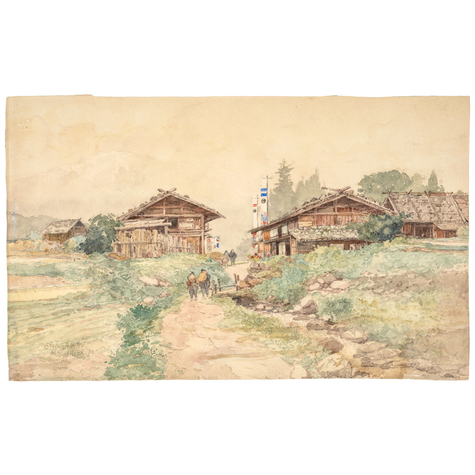 YOSHIDA HIROSHI (1876-1950) Onogawa Meiji era (1868-1912), circa 1900: YOSHIDA HIROSHI (1876-1950) Onogawa Meiji era (1868-1912), circa 1900 Watercolor painting on paper depicting travelers on a dirt road, wood buildings on either side of the path, stones holding down th