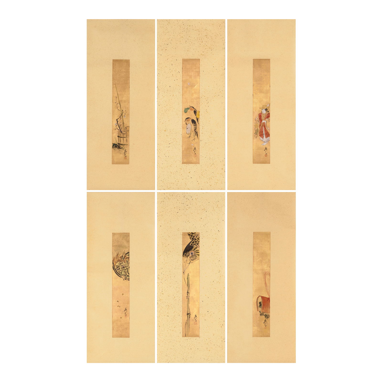 SHIBATA ZESHIN (1807-1891) A Set of Six Tanzaku Paintings Meiji era (1868-1912), circa 1870s/188...: SHIBATA ZESHIN (1807-1891) A Set of Six Tanzaku Paintings Meiji era (1868-1912), circa 1870s/1880s Each mounted as a kakejiku (hanging scroll), and depicting a seasonal motif, in ink and colors on gol
