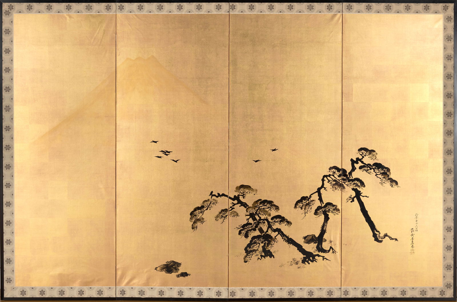 A four-panel screen with pines in black lacquer on gold leaf, Shibata Zeshin, folded dimensions ...: SHIBATA ZESHIN (1807-1891) Miho no Matsubara Meiji era (1868-1912), circa 1882 A four-panel folding screen painted in black urushi-e lacquer on gold-foiled paper depicting scattered pine trees with bi