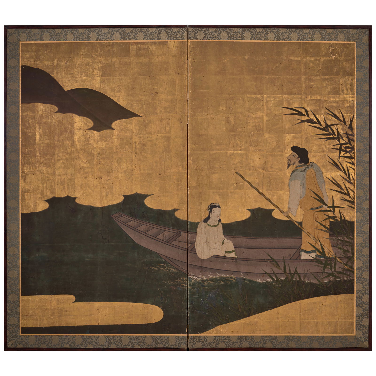 ANONYMOUS Han Rei (Fan Li) and Sei Shi (Xi Shi) Edo period (1615-1868), 17th/18th century: ANONYMOUS Han Rei (Fan Li) and Sei Shi (Xi Shi) Edo period (1615-1868), 17th/18th century A large two-panel folding screen in ink, color, and gold with gold leaf on paper, depicting a man and a woman