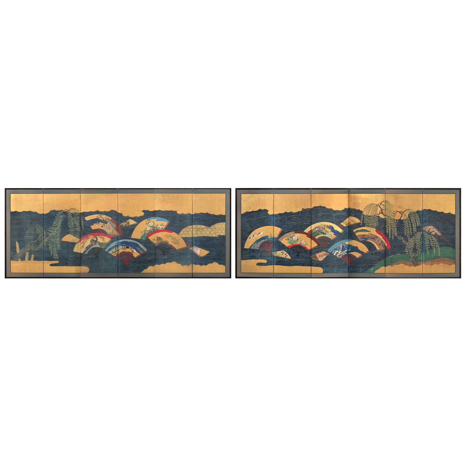 ANONYMOUS Fans Floating on the Water Edo period (1615-1868), 18th/19th century (2): ANONYMOUS Fans Floating on the Water Edo period (1615-1868), 18th/19th century A pair of six-panel folding screens in ink, color, and gold foil on paper, each depicting folding fans floating on water,