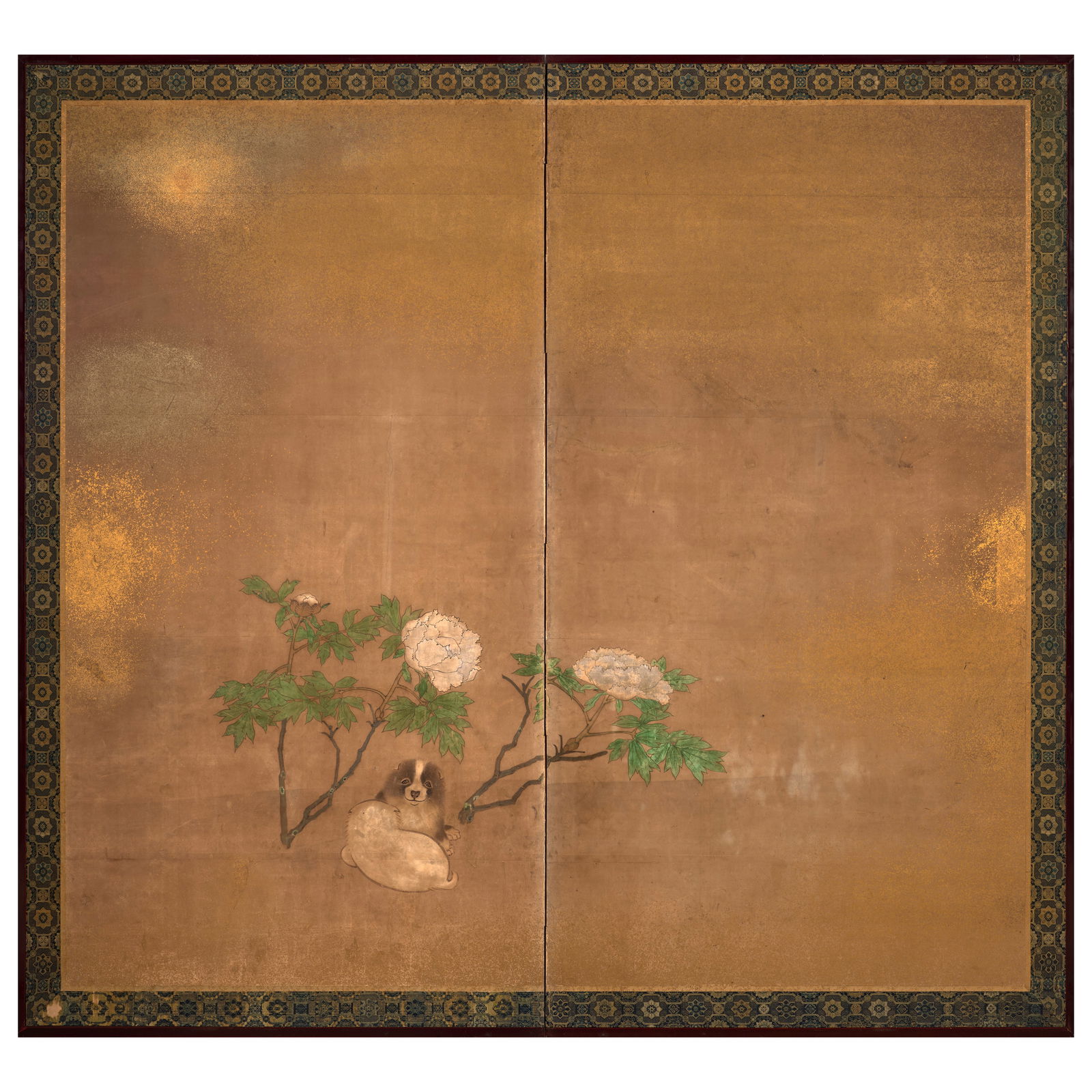ANONYMOUS Puppies Among Peonies Edo period (1615-1868), 18th century: ANONYMOUS Puppies Among Peonies Edo period (1615-1868), 18th century A two-panel folding screen brushed in ink and color with gold-foil flake on paper depicting two puppies, one seated and one recumbe