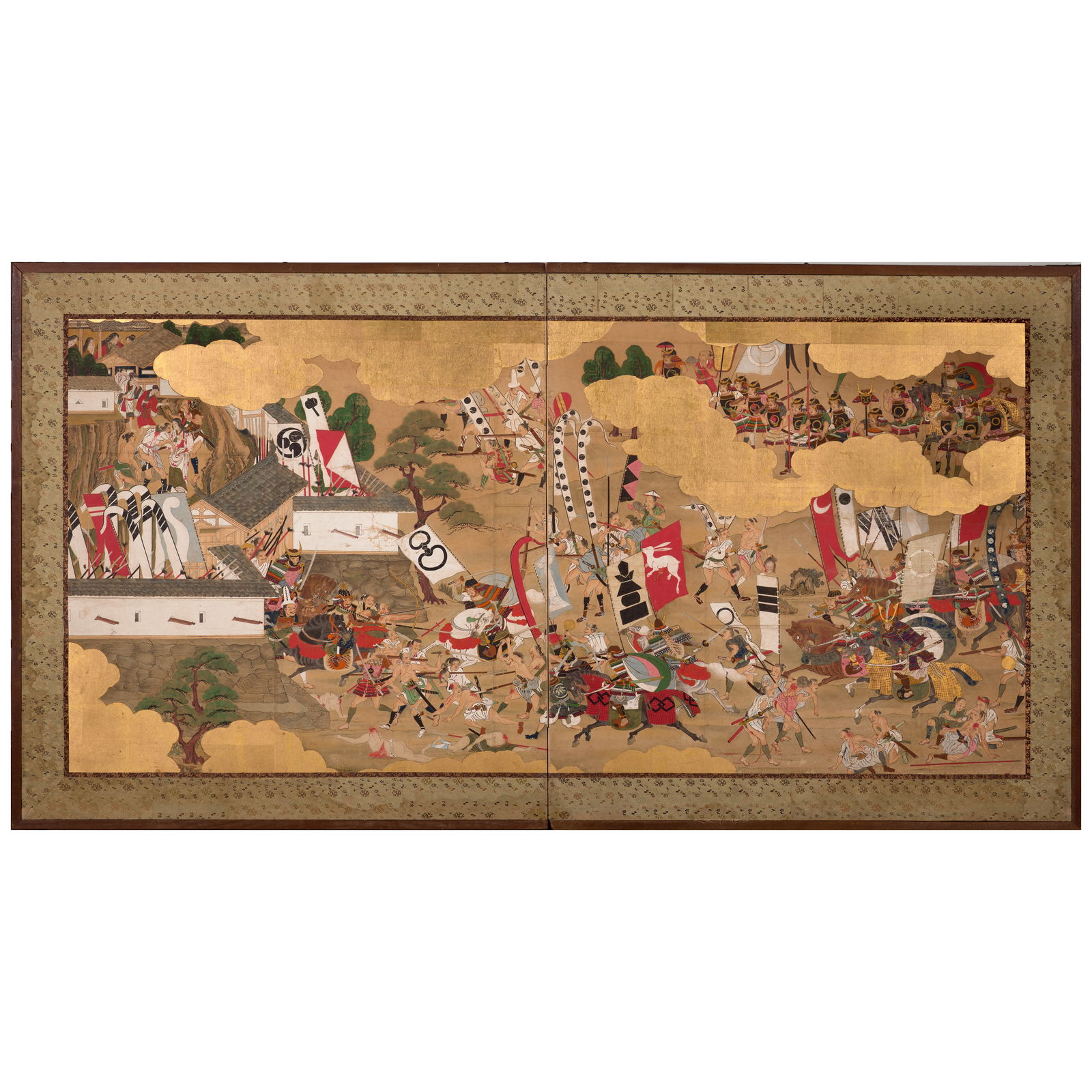 ANONYMOUS The Summer Siege of Osaka Edo period (1615-1868), 18th/19th century: ANONYMOUS The Summer Siege of Osaka Edo period (1615-1868), 18th/19th century A two-panel folding screen in ink, color, and gold on paper depicting a fierce battle scene between samurai on horseback a