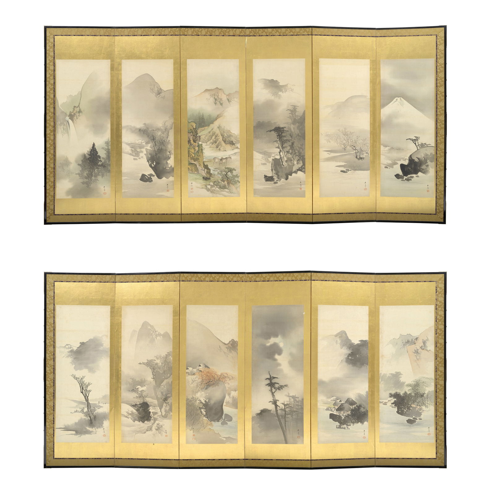 KAWABATA GYOKUSHŌ (1842-1913) Landscapes of the Twelve Months Meiji era (1868-1912), first ...: KAWABATA GYOKUSHŌ (1842-1913) Landscapes of the Twelve Months Meiji era (1868-1912), first decade of the 20th century A pair of six-panel screens, each panel with an applied painting, each painti
