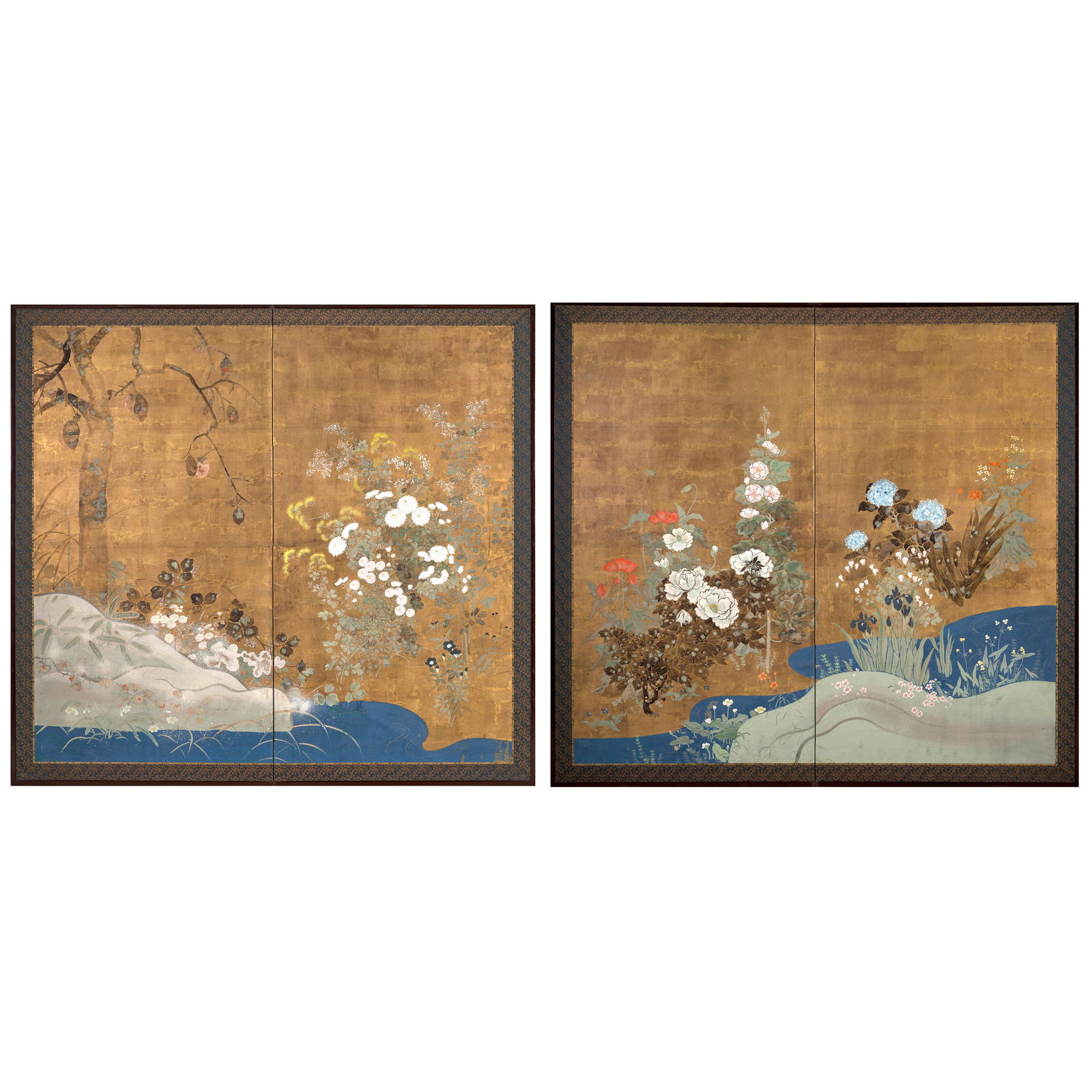 ANONYMOUS Flowers and Grasses of the Four Seasons Edo period (1615-1868) or Meiji era (1868-1912...: ANONYMOUS Flowers and Grasses of the Four Seasons Edo period (1615-1868) or Meiji era (1868-1912), 19th century A pair of two-panel folding screens in ink, color, gold, and gold foil on paper depictin