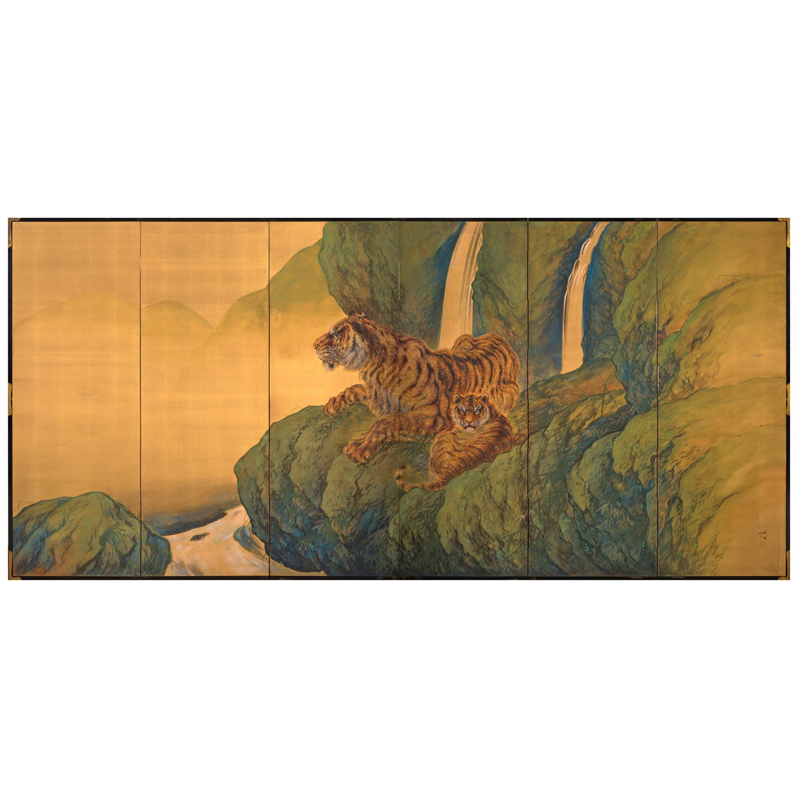 MIO GOSEKI (1885-1946) Tiger and Cub with Waterfall Taisho (1912-1926) or Showa (1926-1989) era,...: MIO GOSEKI (1885-1946) Tiger and Cub with Waterfall Taisho (1912-1926) or Showa (1926-1989) era, 20th century A six-panel folding screen in ink, color, and gold on silk depicting two recumbent tigers,