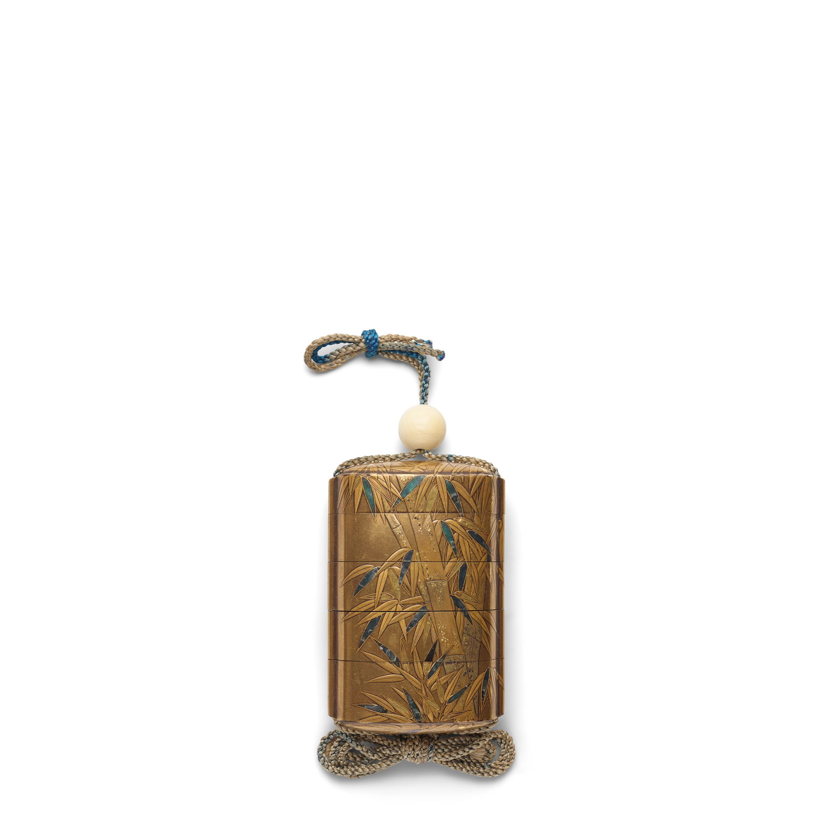 A FOUR-CASE INRŌ (MEDICINE CONTAINER) Edo period (1615-1868), 19th century: A FOUR-CASE INRŌ (MEDICINE CONTAINER) Edo period (1615-1868), 19th century Of rounded rectangular plan with applied himotōshi, decorated in shell inlay and gold hiramaki-e and takamaki-e wit