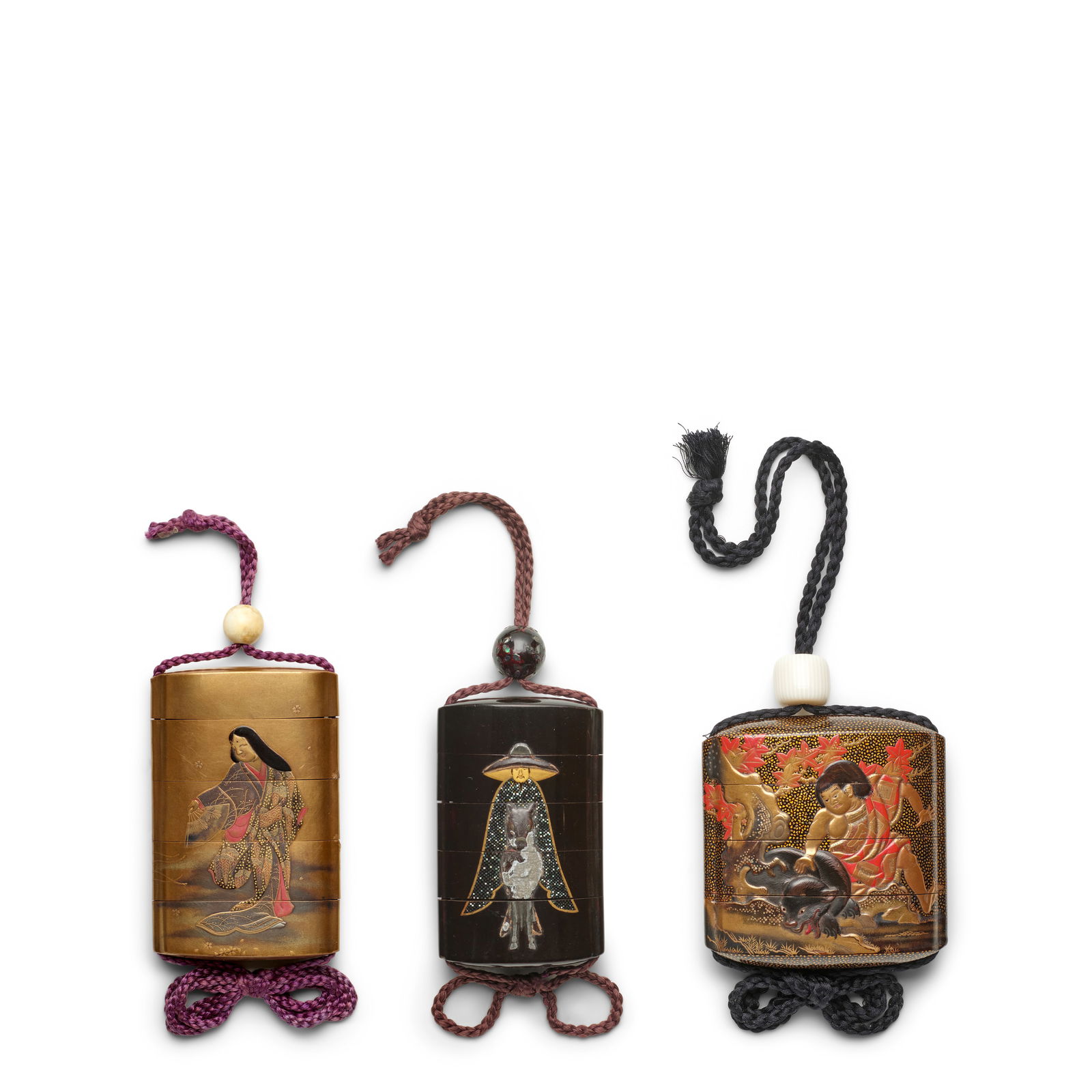 KANSAI, JŌKASAI, AND TOSHIHIDE Three Inrō (Medicine Containers) Edo period (1615-1868)...: KANSAI, JŌKASAI, AND TOSHIHIDE Three Inrō (Medicine Containers) Edo period (1615-1868), 18th/19th century The first of rounded rectangular plan with applied himotōshi, four cases, decor