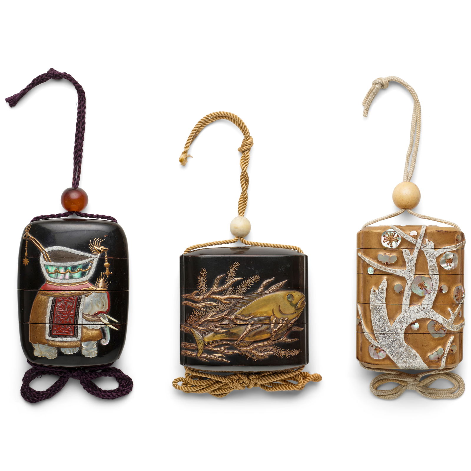 THREE INRŌ (MEDICINE CONTAINERS) Edo period (1615-1868), 19th century (3): THREE INRŌ (MEDICINE CONTAINERS) Edo period (1615-1868), 19th century The first of rounded rectangular plan with applied himotōshi, two cases, the black-lacquer ground decorated in shell, ho
